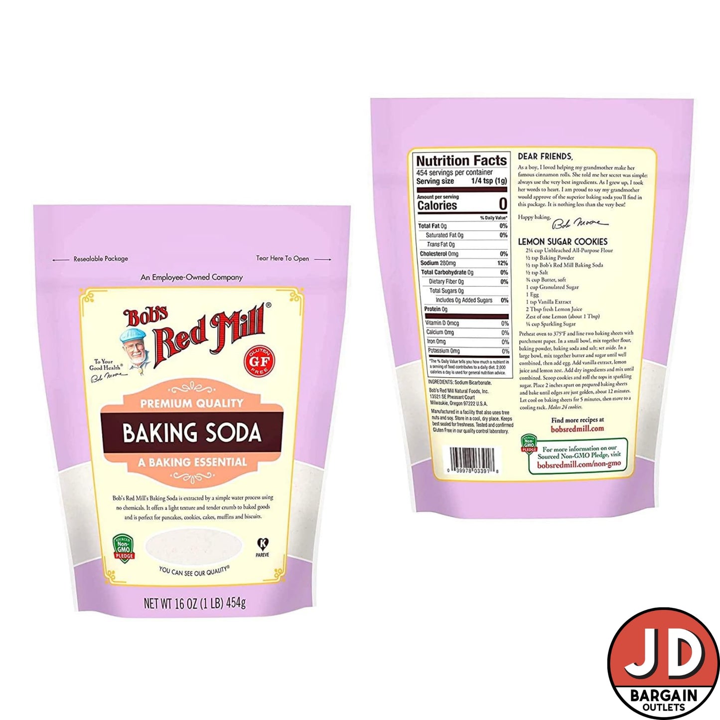 JD Bargain Outlets Baking Soda, Aluminum-Free, Gluten-Free, 16 oz, Non-GMO, Vegan, Kosher
