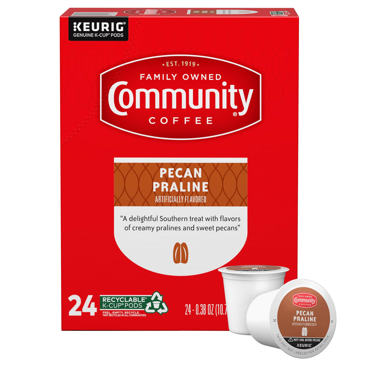 Community Coffee Pecan Praline Flavored Coffee Pods, Medium Roast, Compatible with Keurig 2.0, 24 Count