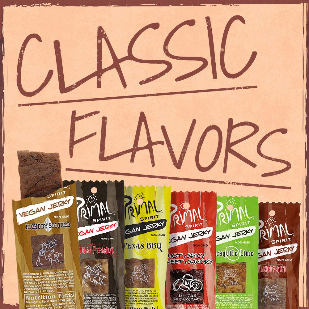 Primal Spirit Vegan Jerky 12-Pack - 10g Plant-Based Protein, Teriyaki, Hickory Smoked, Texas BBQ, Thai Peanut, Hot & Spicy, Mesquite Lime