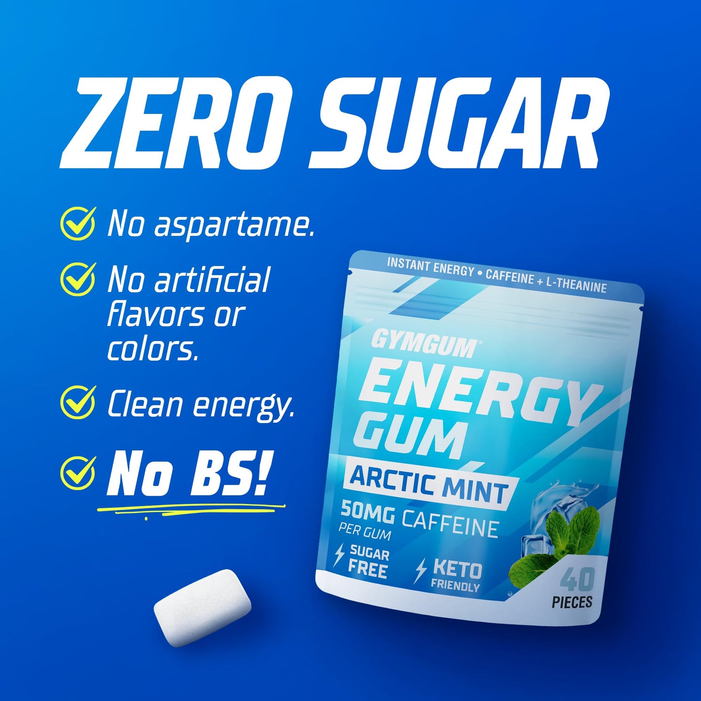 GYMGUM Energy Caffeine Gum, Sugar-Free & Keto-Friendly, 50mg Caffeine, 10 Count
