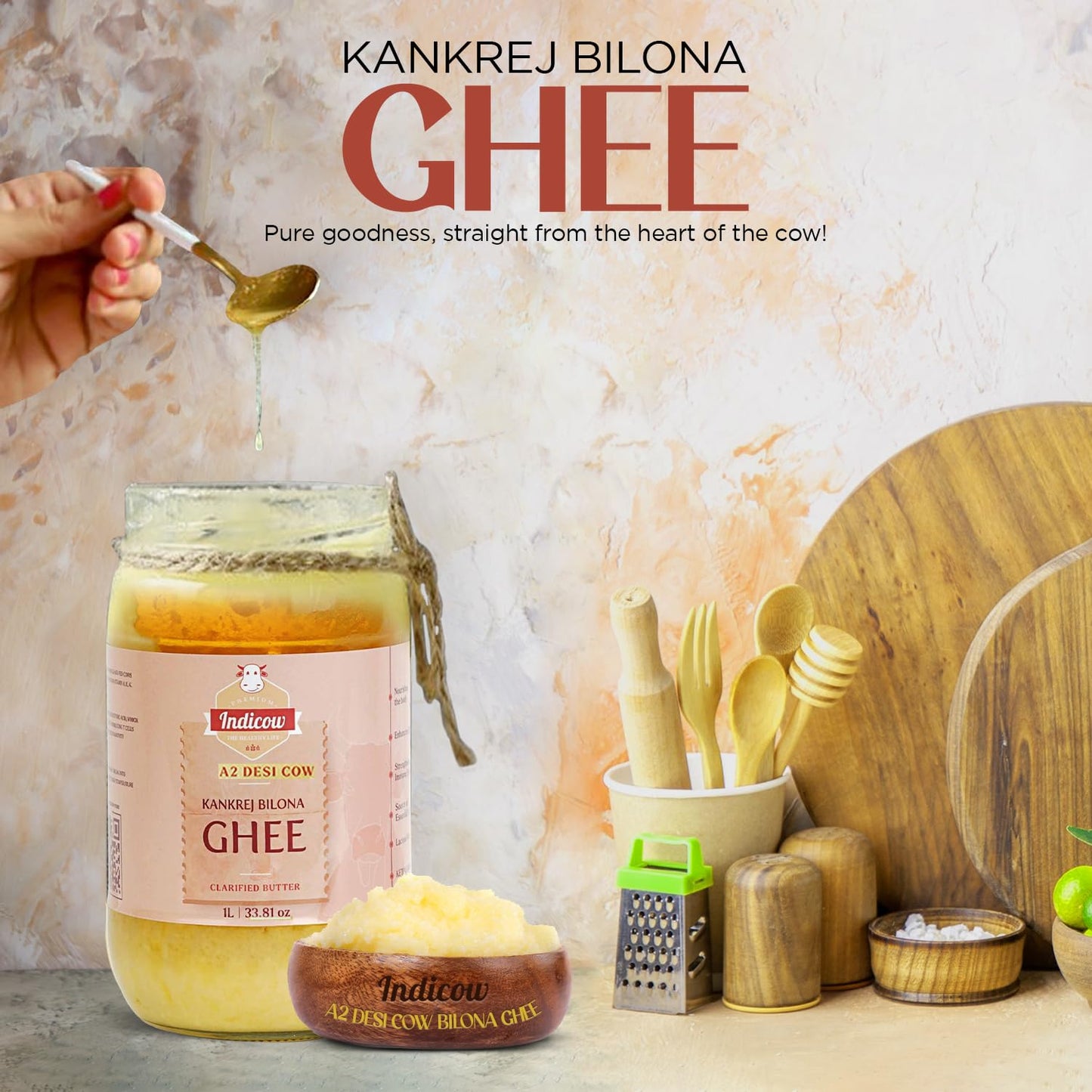 Indicow A2 Desi Cow Ghee, Clarified Butter | Grass Fed Cows | (500ml (16.91oz), A2 Kankrej Cow Ghee) | Keto and Paleo Friendly|