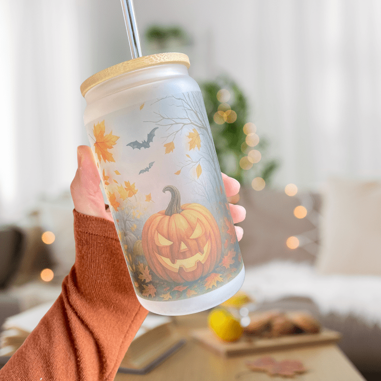 Halloween Frosted Pumpkin Iced Coffee Cup – Fall Glass Tumbler Gift