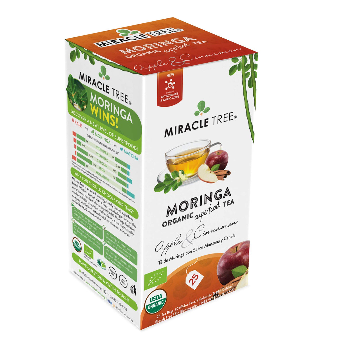 Tree Organic Moringa Superfood Tea, Apple & Cinnamon, 25 Individually Sealed Tea Bags, 6 Count Pack, Vegan, Gluten-Free, Caffeine-Free