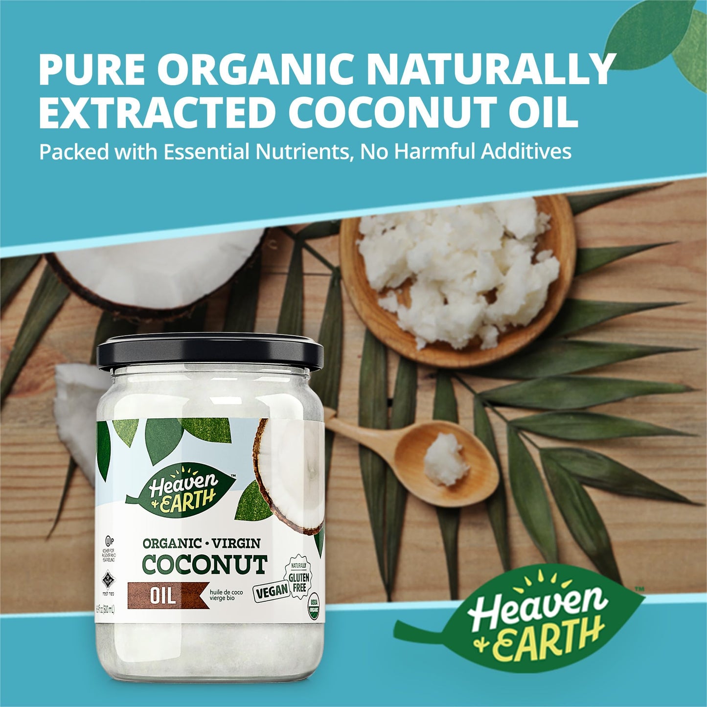 Heaven & Earth Organic Unrefined Virgin Coconut Oil, (2 Pack) 16Oz | Glass Jar | Cold Pressed | Coconut Oil For Cooking, Hair &