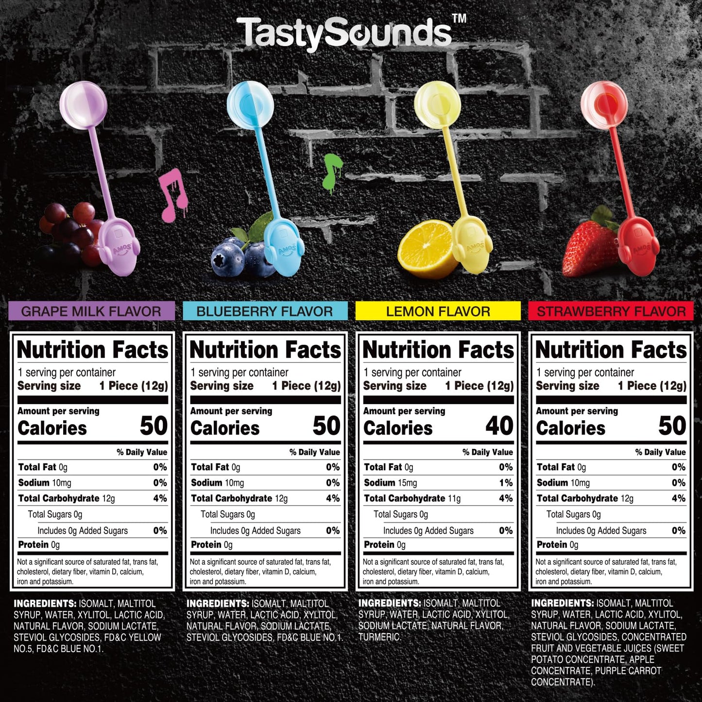 Amos Music Lollipop Candy Suckers – Tastysounds Audio Hip Hop Singing Lollipop, Assorted Fruit Flavors, Sugar-Free, Low-Calorie Snack, 4-Pack Gift Box