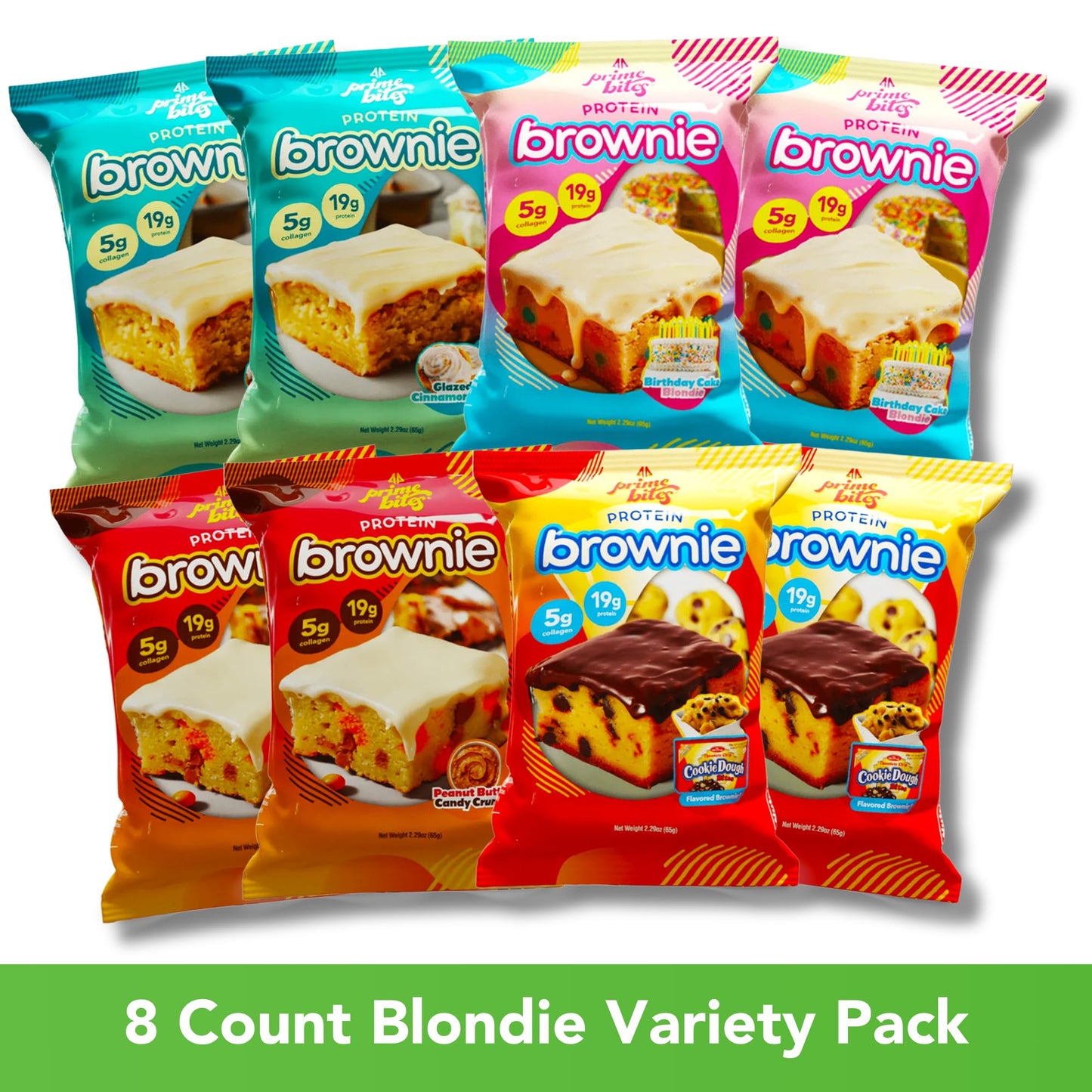 Prime Bites Protein Brownies Variety Pack Blondies - High Protein (19G), Collagen & Whey Protein, Low Sugar - 8 Count Snack & Gift Box
