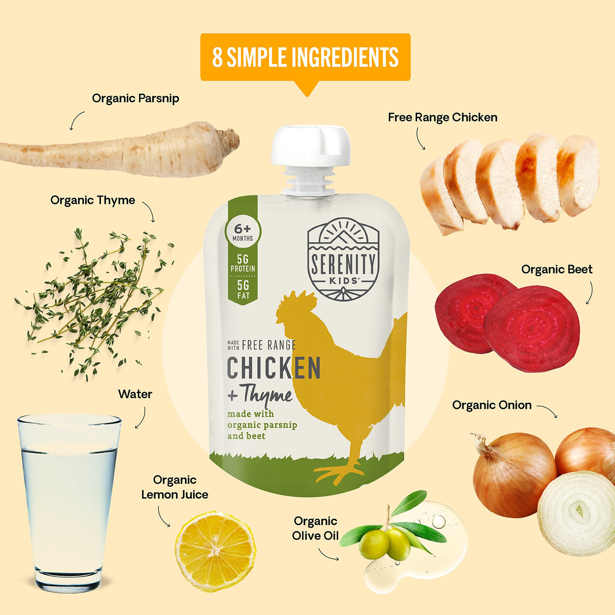 Serenity Kids 6+ Months Baby Food Puree - Ethically Sourced Meat & Organic Veggies - Parsnip, Beet, Free Range Chicken & Thyme -
