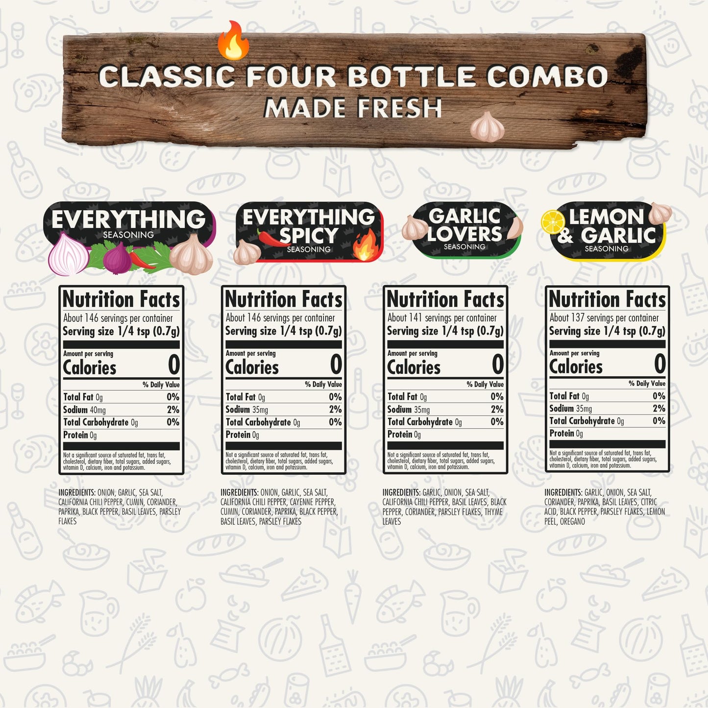 Flavor God Classic Combo Pack Of 4 Seasoning & Spices for Cooking, Everything, Everything Spicy, Garlic Lovers, Lemon & Garlic,