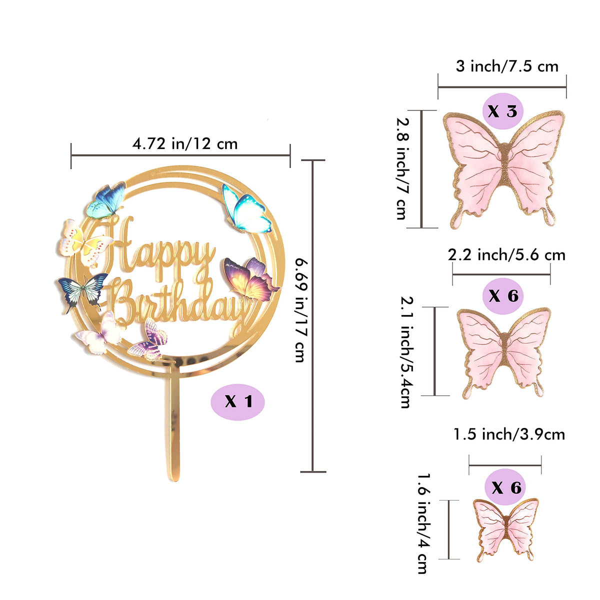 Butterfly Cake Toppers Decorations - 1 Big Happy Birthday Cake Topper & 15Pcs 3D Pink Gold Cupcake Toppers - Party Supplies For