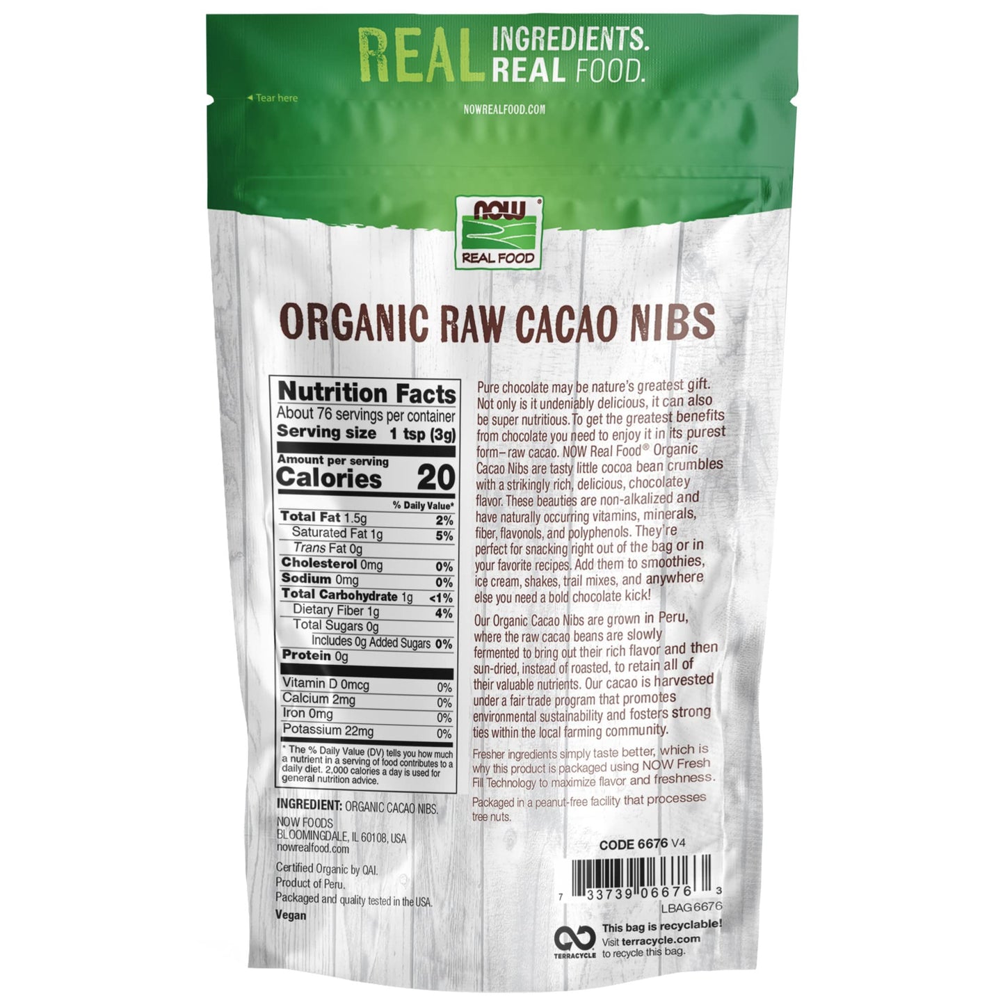 Now Foods, Organic Raw Cacao Nibs, Rich, Pure Cacao Bean Bits, Dark Chocolate Flavor, Certified Non-Gmo 8-Ounce (Packaging May Vary)