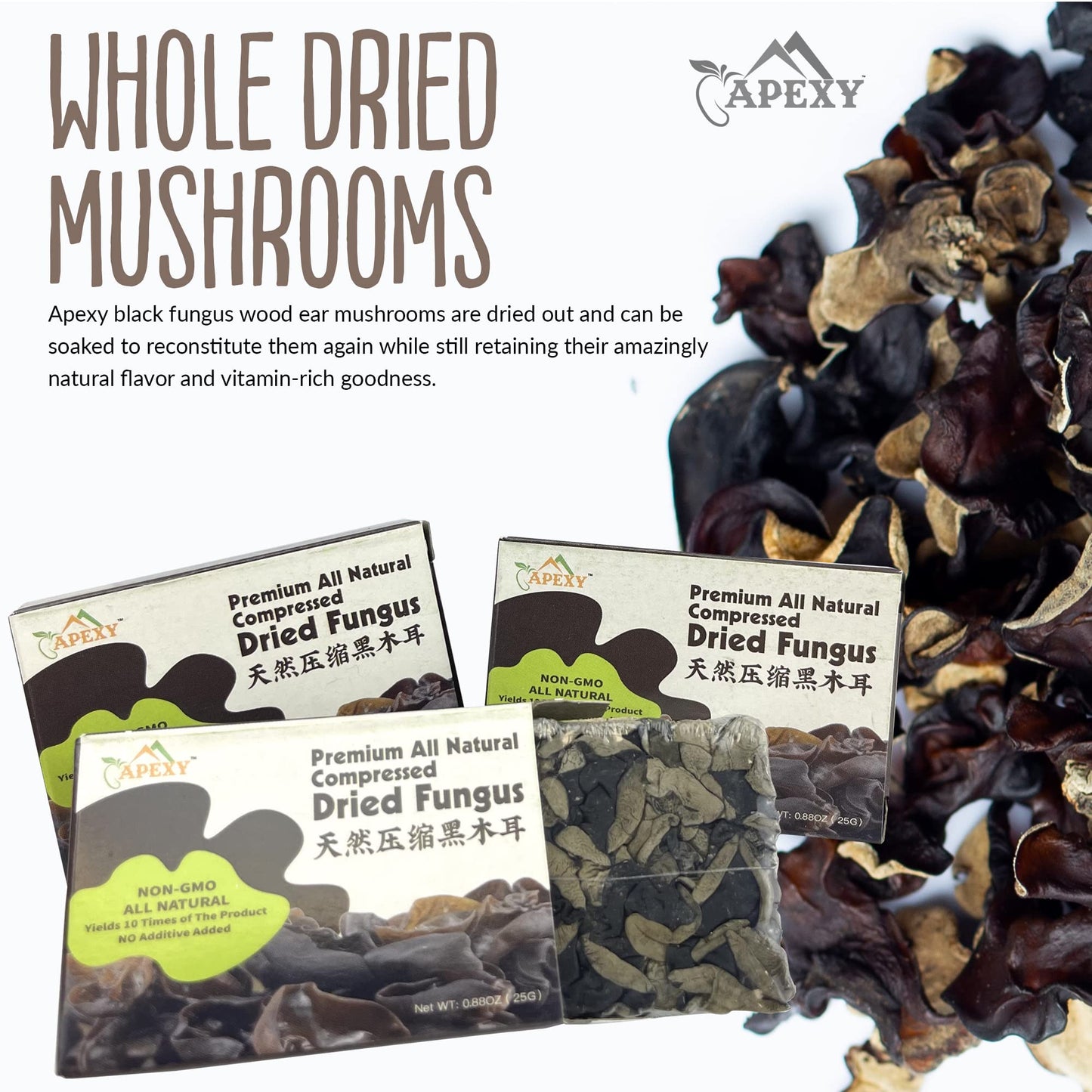Apexy Enhanced Dried All Natural Compressed Black Fungus (Black Wood Ear Mushroom) - 8.8 Oz -- 10 Times Volume Yield After Soaking (Pack Of 1)