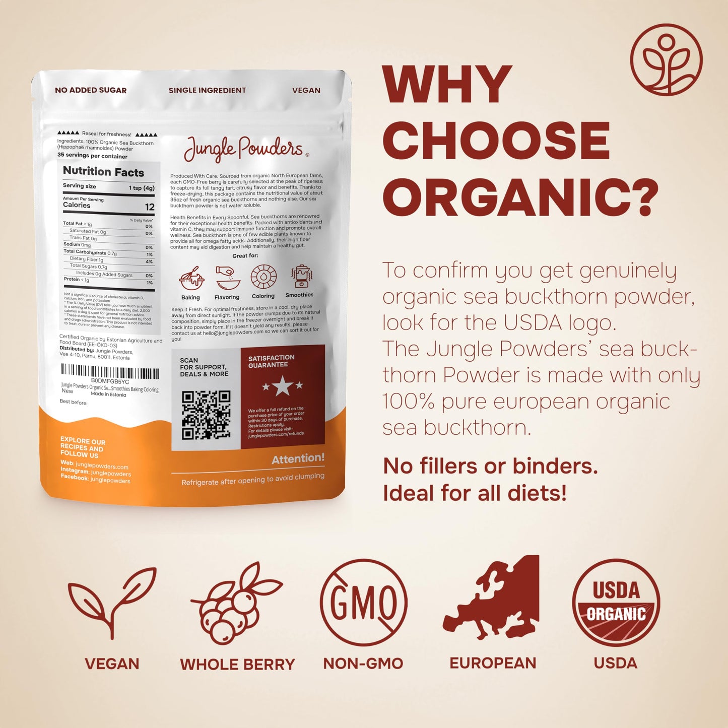 Jungle Powders Sea Buckthorn Berry Powder Organic 5 Ounce Bag - Antioxidant-Rich USDA Certified Freeze Dried Seabuckthorn High i