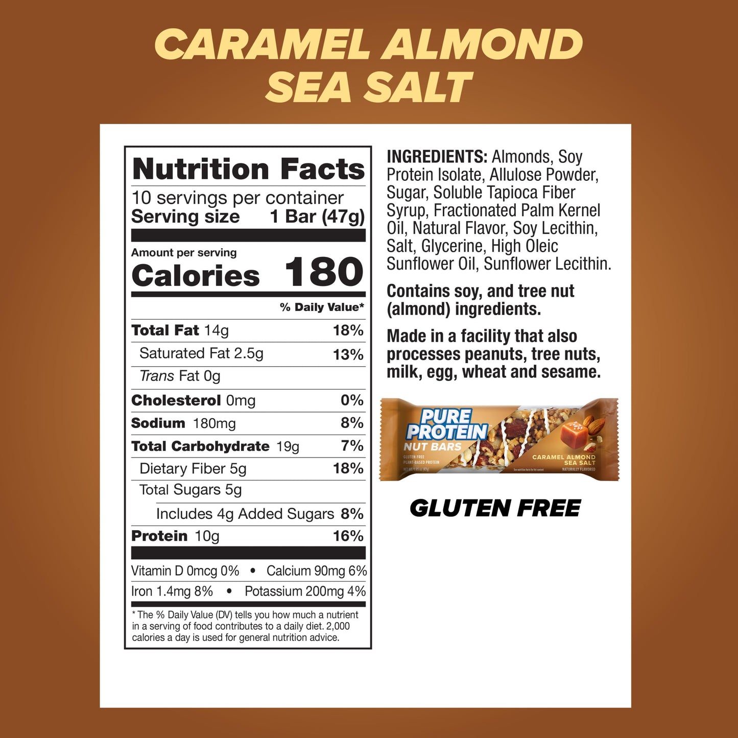 Pure Protein Nut Bars, Caramel Almond Sea Salt, 10G Protein, Gluten Free, Low Sugar, 1.65 Oz, 10 Pack (Packaging May Vary)