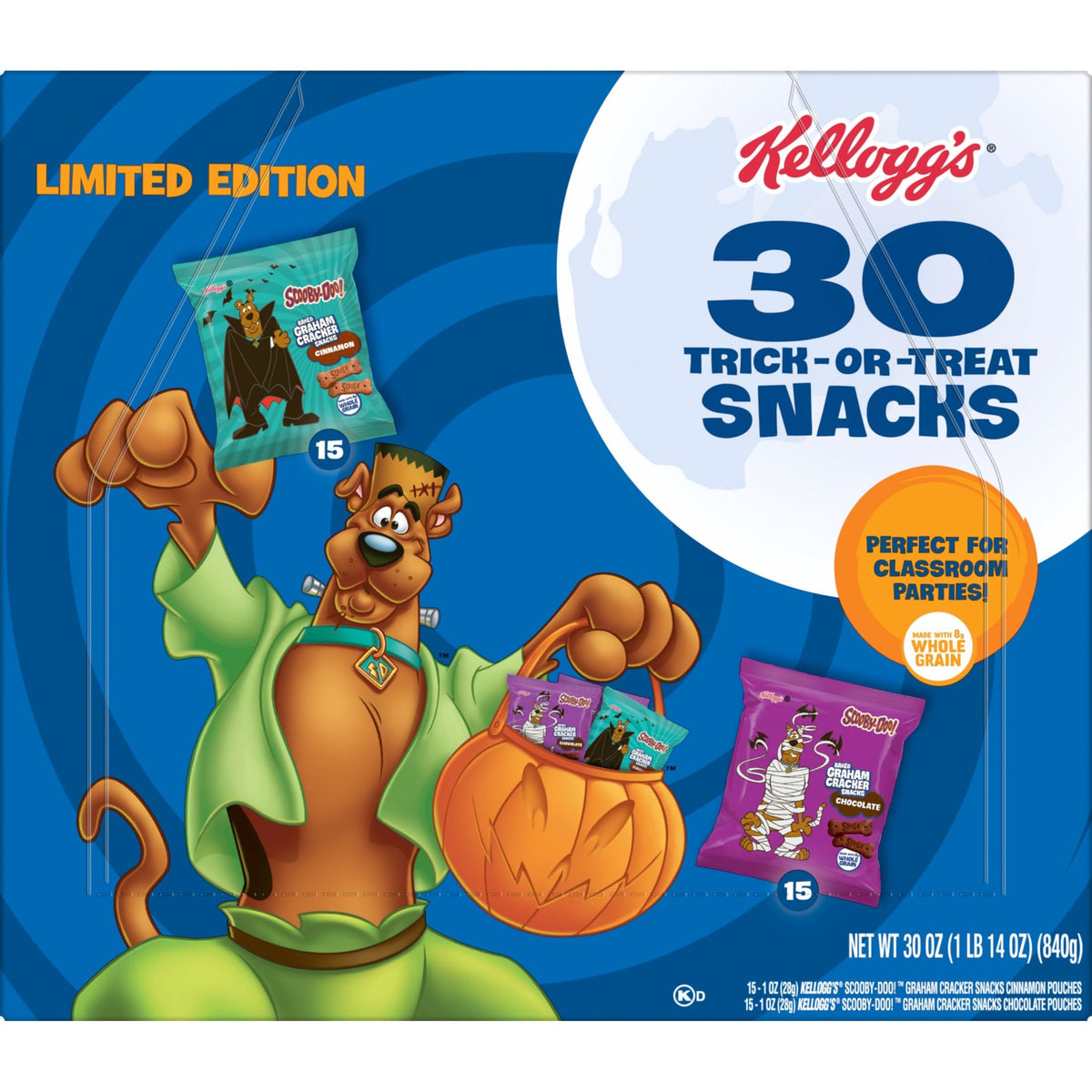 Kelloggs SCOOBY-DOO! Graham Cracker Snacks, Halloween Snacks, Trick or Treat, Variety Pack, 30oz Box (30 Pouches)