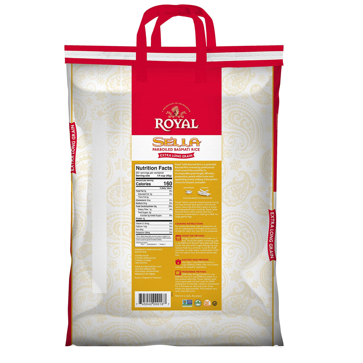 Royal Chefs Secret Sella Basmati Rice - Extra Long Grain Parboiled White Rice - 20 lb Bag
