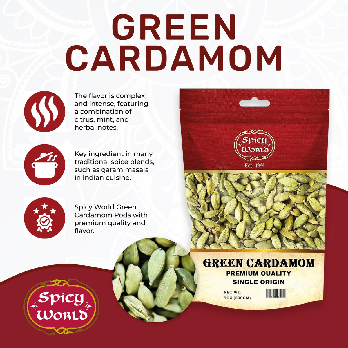Spicy World Whole Green Cardamom Pods 7 Oz Large Bag (200G) - Natural Spice, Vegan, Large, Aromatic - By Spicy World