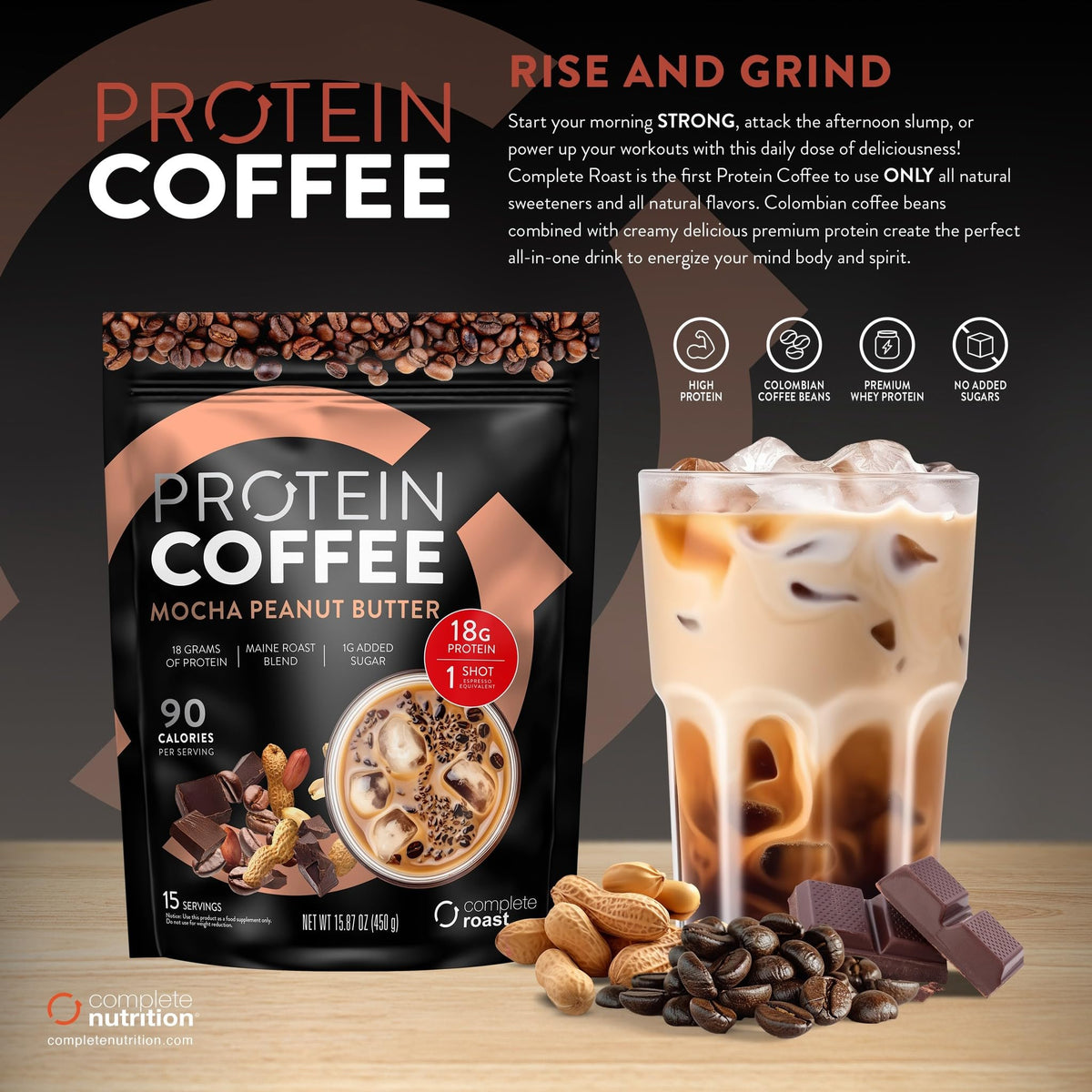 Complete Nutrition High Protein Roast Mocha Peanut Butter, Keto Friendly, 15 g Protein, 15 Servings