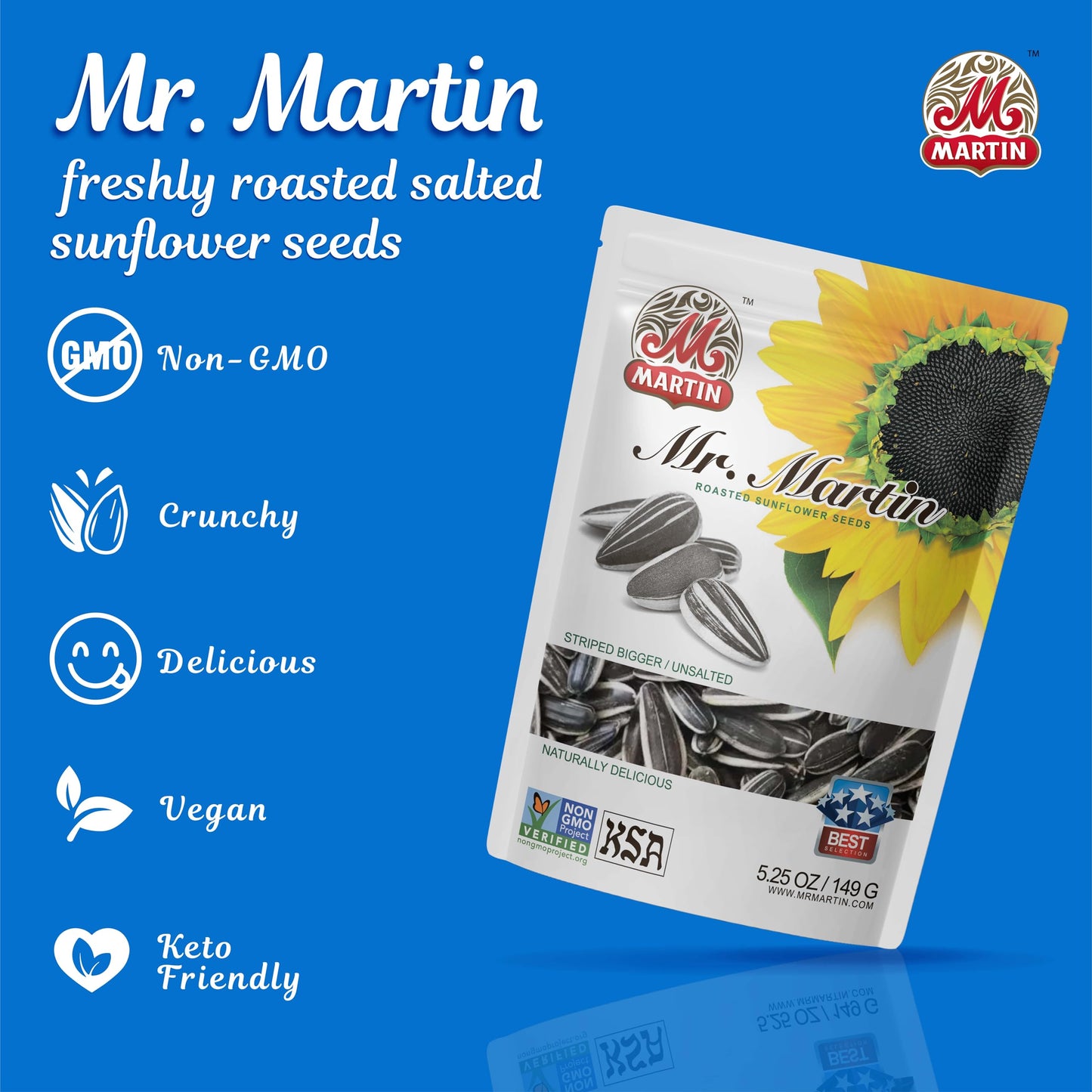 Mr. Martin Freshly Roasted Unsalted Sunflower Seeds To Eat – Non-Gmo, Kosher, Crunchy, Delicious, Vegan, Keto Friendly, Low Sodium Snack – 5.25 Oz, 6 Pack