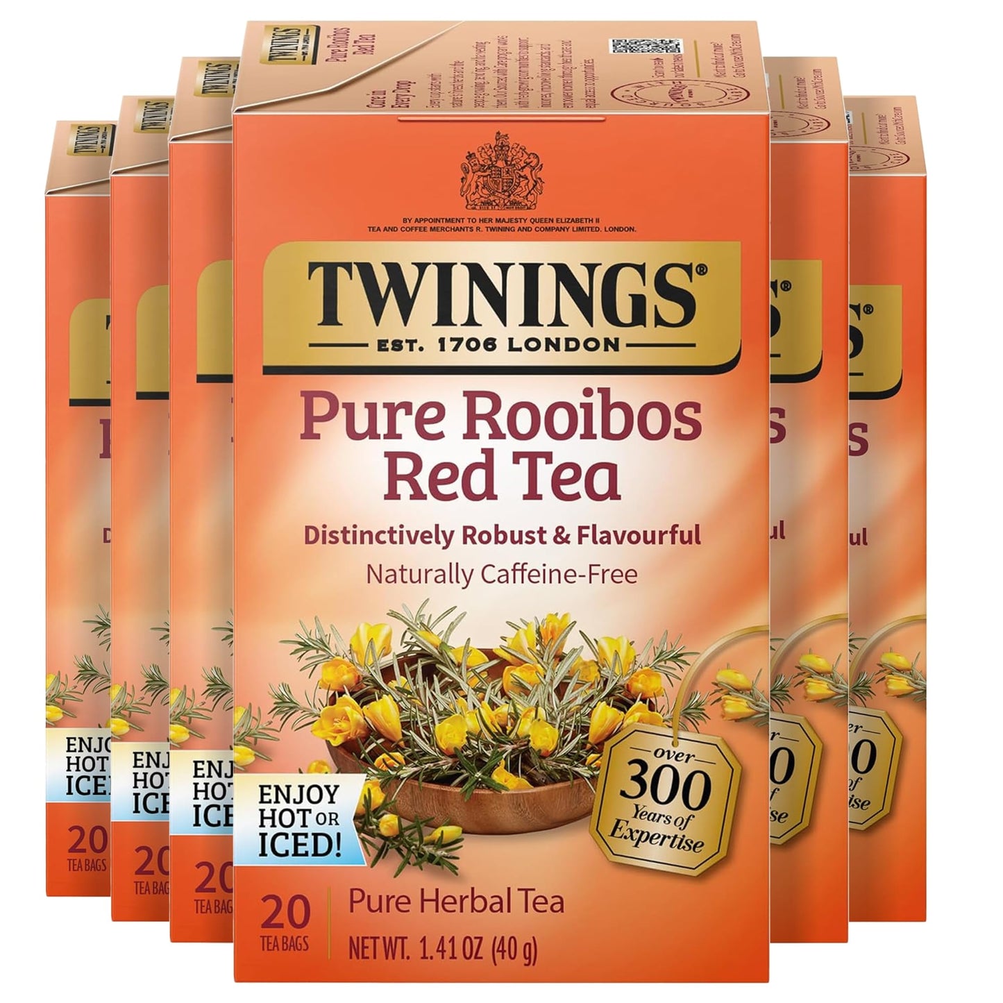 Twinings Rooibos Red Herbal Tea, Caffeine-Free, 20 Count (Pack of 6), Sweet Aroma, Individually Wrapped