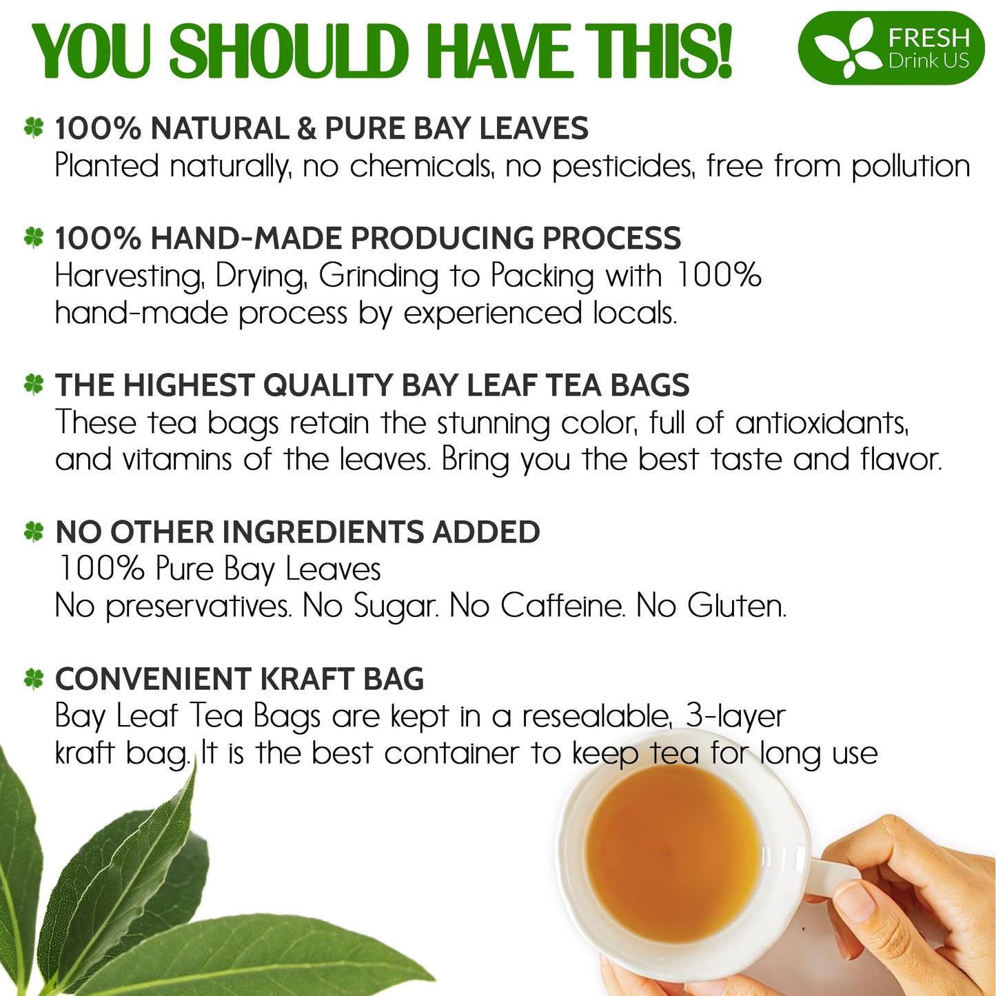 FRESHDRINKUS Bay Leaf Herbal Tea - 100% Natural, Vegan - 105 Tea Bags, No Sugar, No Caffeine, Gluten-Free