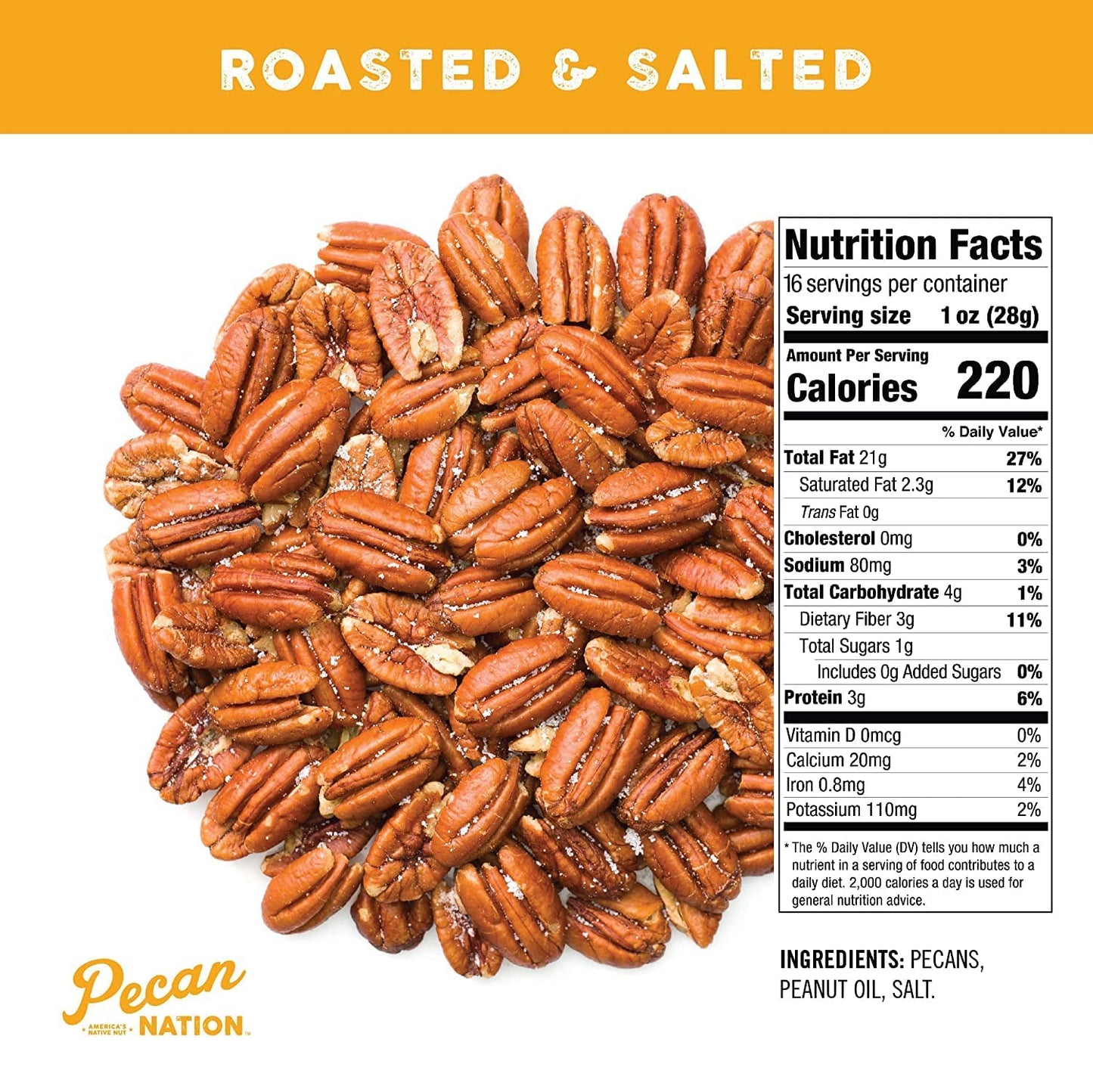 Pecan Nation Roasted & Salted Pecan Halves 16 oz., Natural, No preservatives, Antioxidant-Rich, Low Carb, Dry Roasted, Healthy S