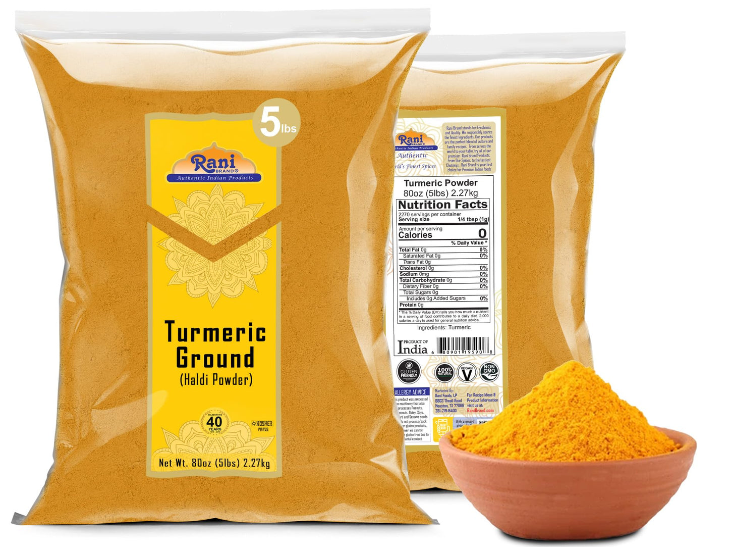 Rani Turmeric (Haldi) Root Powder Spice, (High Curcumin Content) 80Oz (5Lbs ) 2.27Kg Bulk ~ All Natural | 100% Pure, Salt Free | Vegan | Gluten Friendly | Non-Gmo | Kosher | Indian Origin