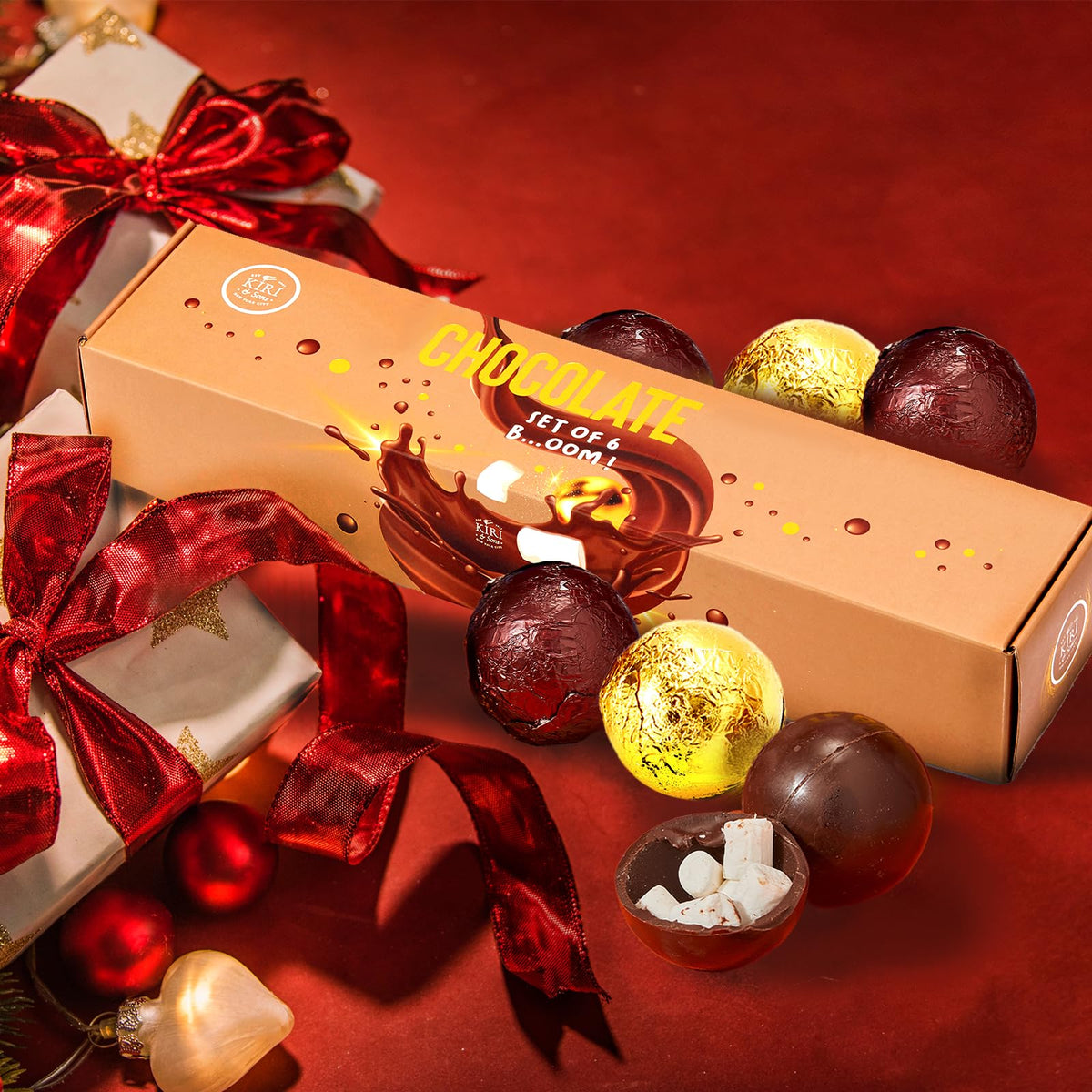 Kiri & Sons Hot Chocolate Boms - Set of 6 Cocoa Melts Marshmallow Balls - Caramel & Fudge Brownie Flavors - Classic Milk Chocolate