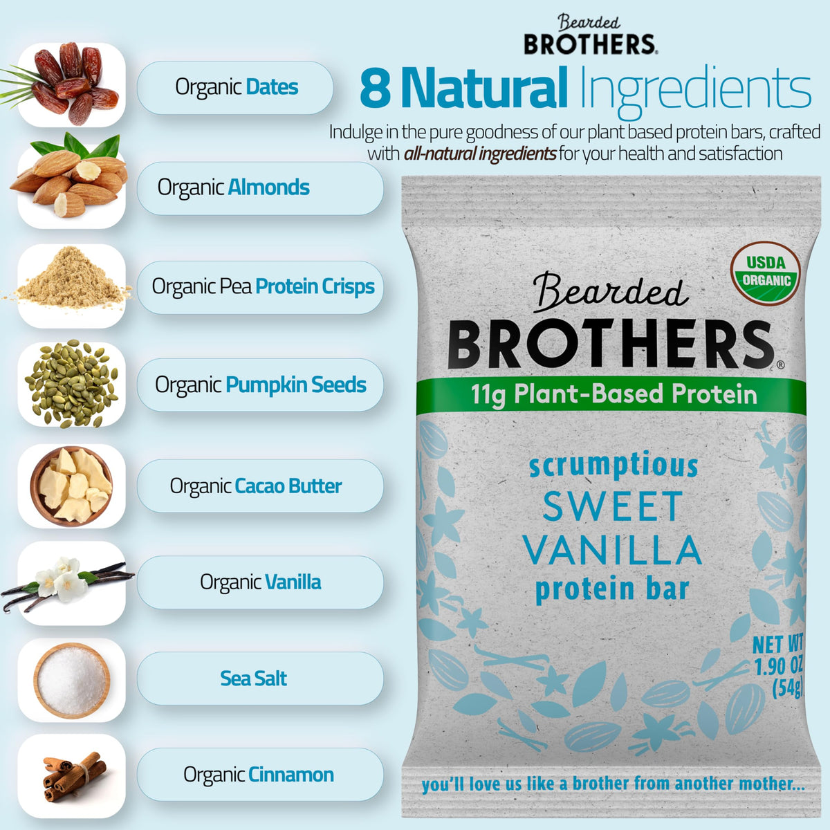 Bearded Brothers Organic Protein Bars, Vanilla (10 Pack) - 11G Of Plant Based Protein Gluten Free Vegan, Non-Gmo Healthy Snacks For Mature-Themeds Good Source Of Fiber