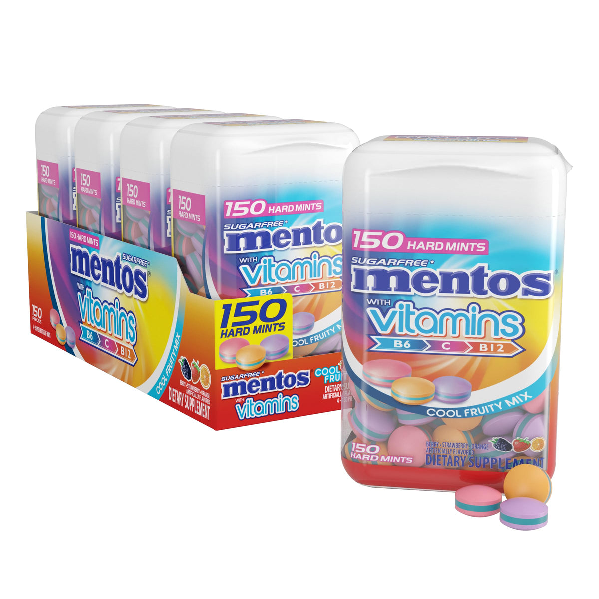 Mentos Vitamin Sugarfree Hard Mints, 150Pc, Cool Fruity Mix, (Pack Of 4 Bottles)