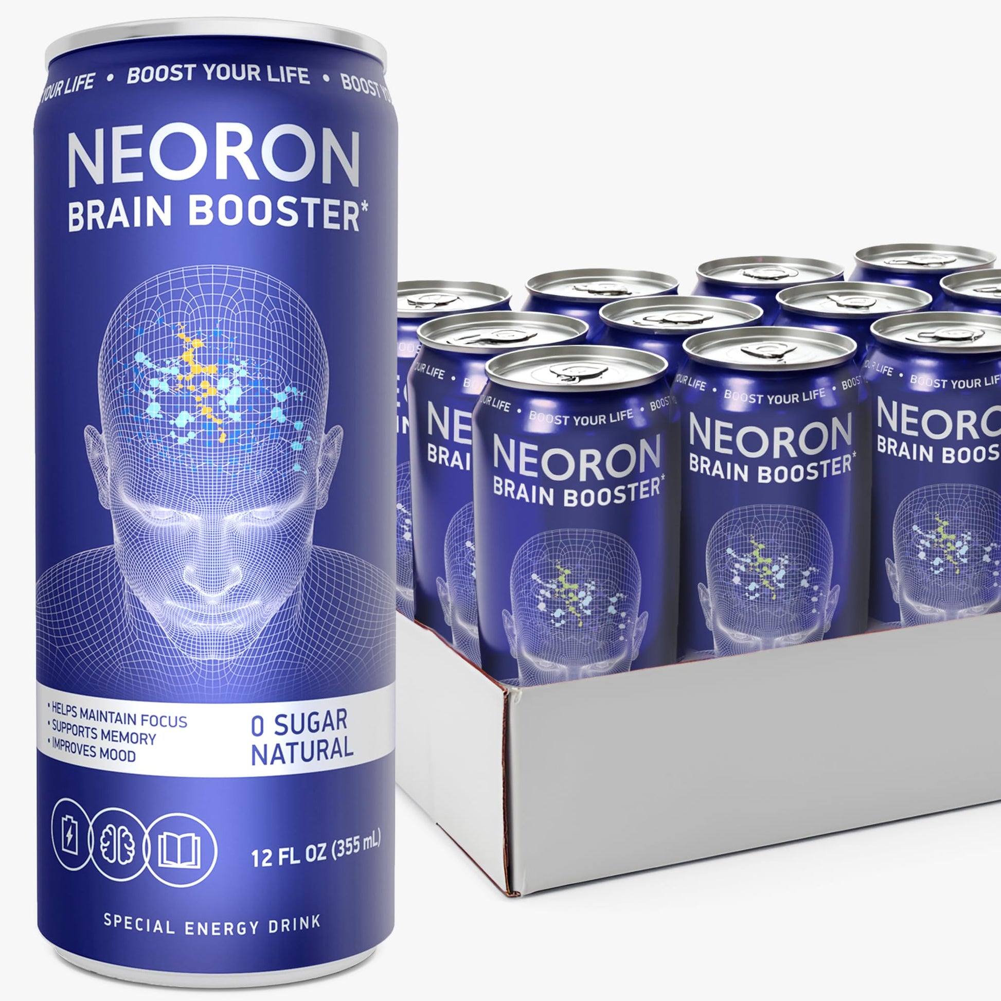 Neoron Nootropic Drink For Focus  Memory & Energy - Brain Booster With Bacopa Monnieri  Guarana  L-Theanine  B12 - Cognitive Vitality Support  No Sugar (Pack Of 12  Blueberry & Mint)