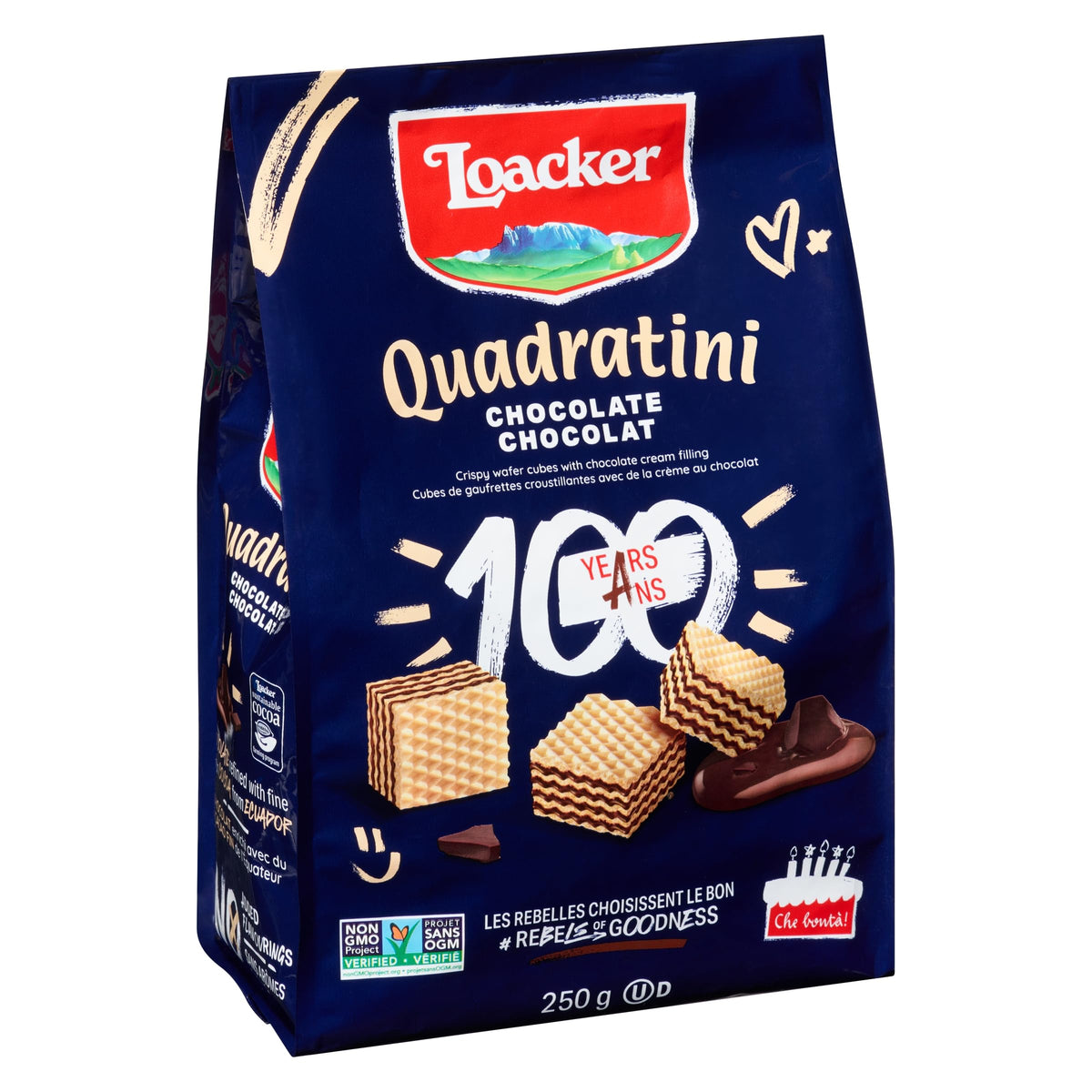 Loacker Quadratini Chocolate Wafer Cookies - 30% Less Sugar - Enhanced Crispy Bite Size Wafers With Chocolate Cream Filling - Resealable Family Pack - Non-Gmo - Fine Flavor Cocoa From Our Sustainable Farming Program - Large Snack Bag 250G/8.82Oz