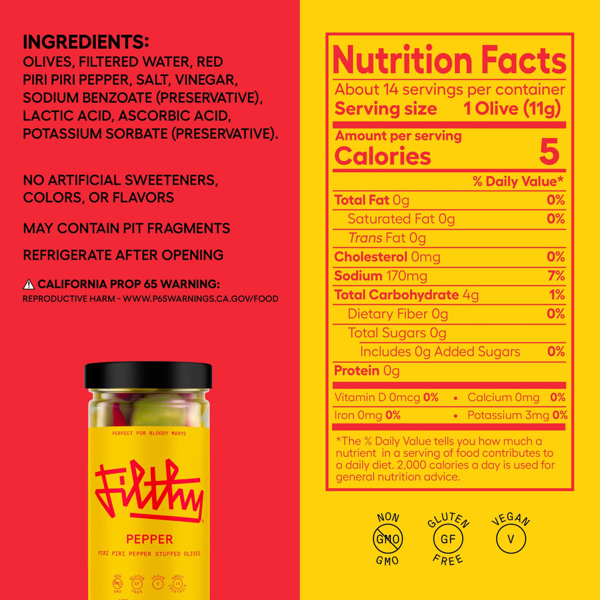 Filthy Food Piri Piri Pepper Stuffed Olives, Non-GMO, Gluten Free, Vegan, 8.5 Oz Jar
