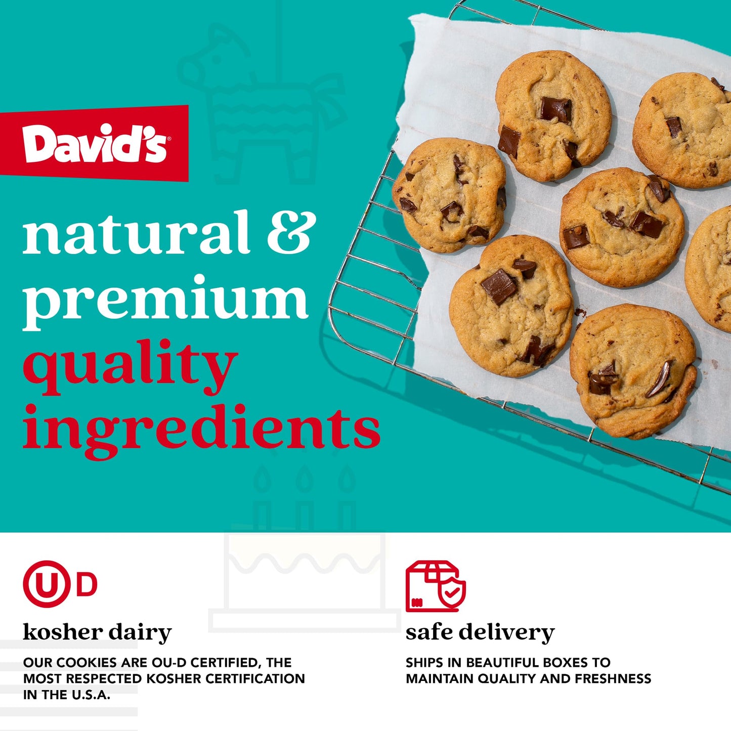 Davids Cookies Happy Birthday Chocolate Chunk Cookies Tin 2lbs - Handmade and Fresh Baked Gourmet Cookie Gift Basket - Delectable & Made with enhanced Ingredients - Ideal Birthday Food Gift For All