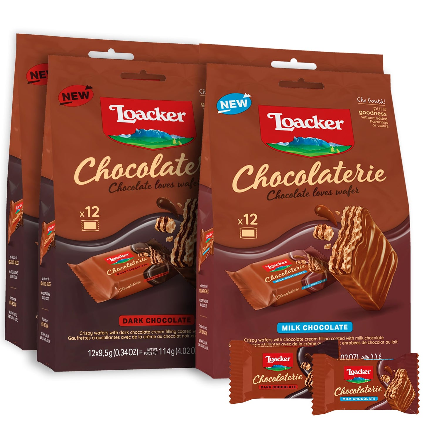 Loacker Chocolaterie Bundle - Individually Wrapped Top-Grade Dark Chocolate And Milk Chocolate Enrobed Crispy Cocoa Wafer Minis With Chocolate Cream Filling - Sustainably Sourced - Made In Italy - 4 X 4.02 Oz Bags