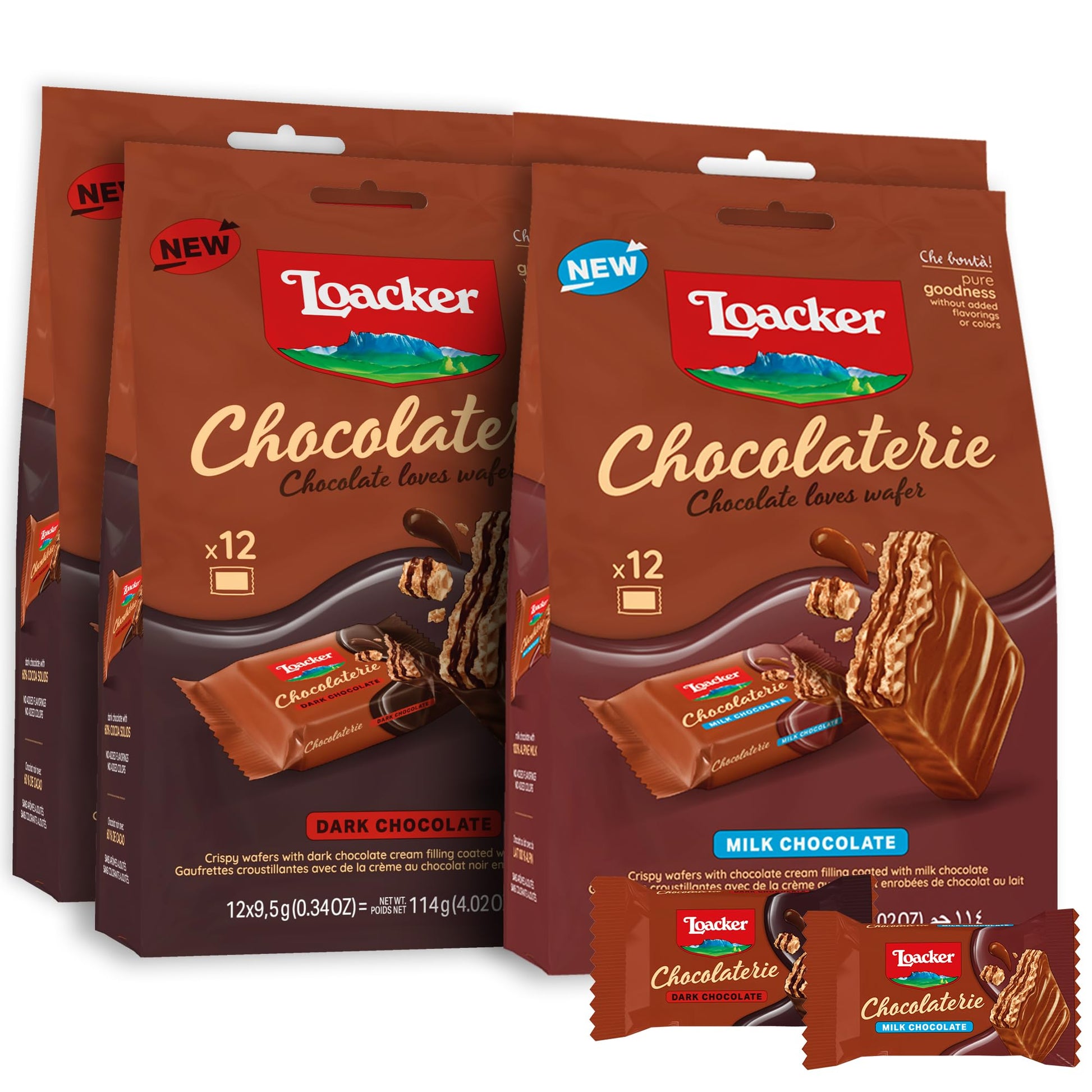 Loacker Chocolaterie Bundle - Individually Wrapped Top-Grade Dark Chocolate And Milk Chocolate Enrobed Crispy Cocoa Wafer Minis With Chocolate Cream Filling - Sustainably Sourced - Made In Italy - 4 X 4.02 Oz Bags