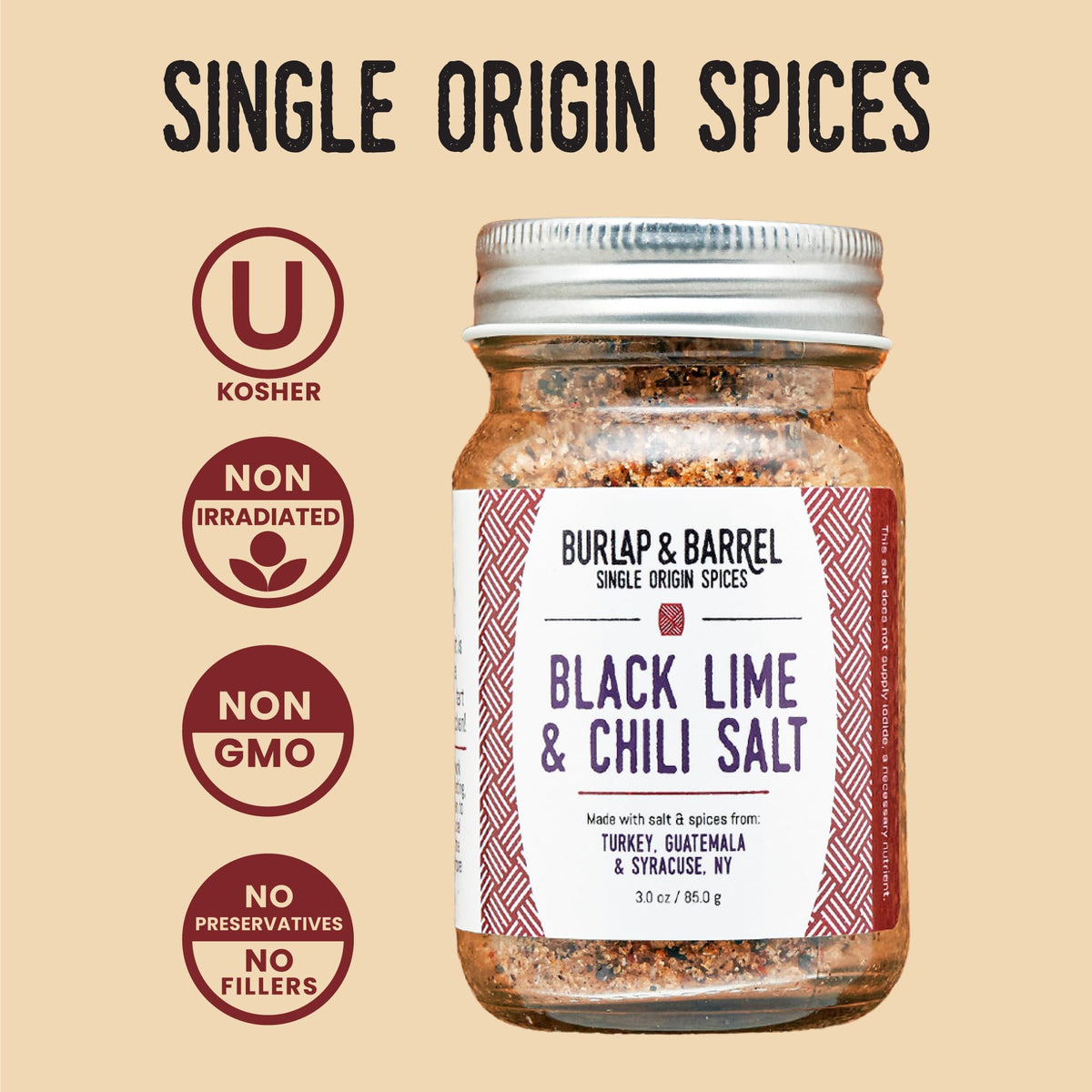 Burlap & Barrel Black Lime & Chili Salt - Savory Seasoning for Seafood & Grilling - 3 oz Glass Jar