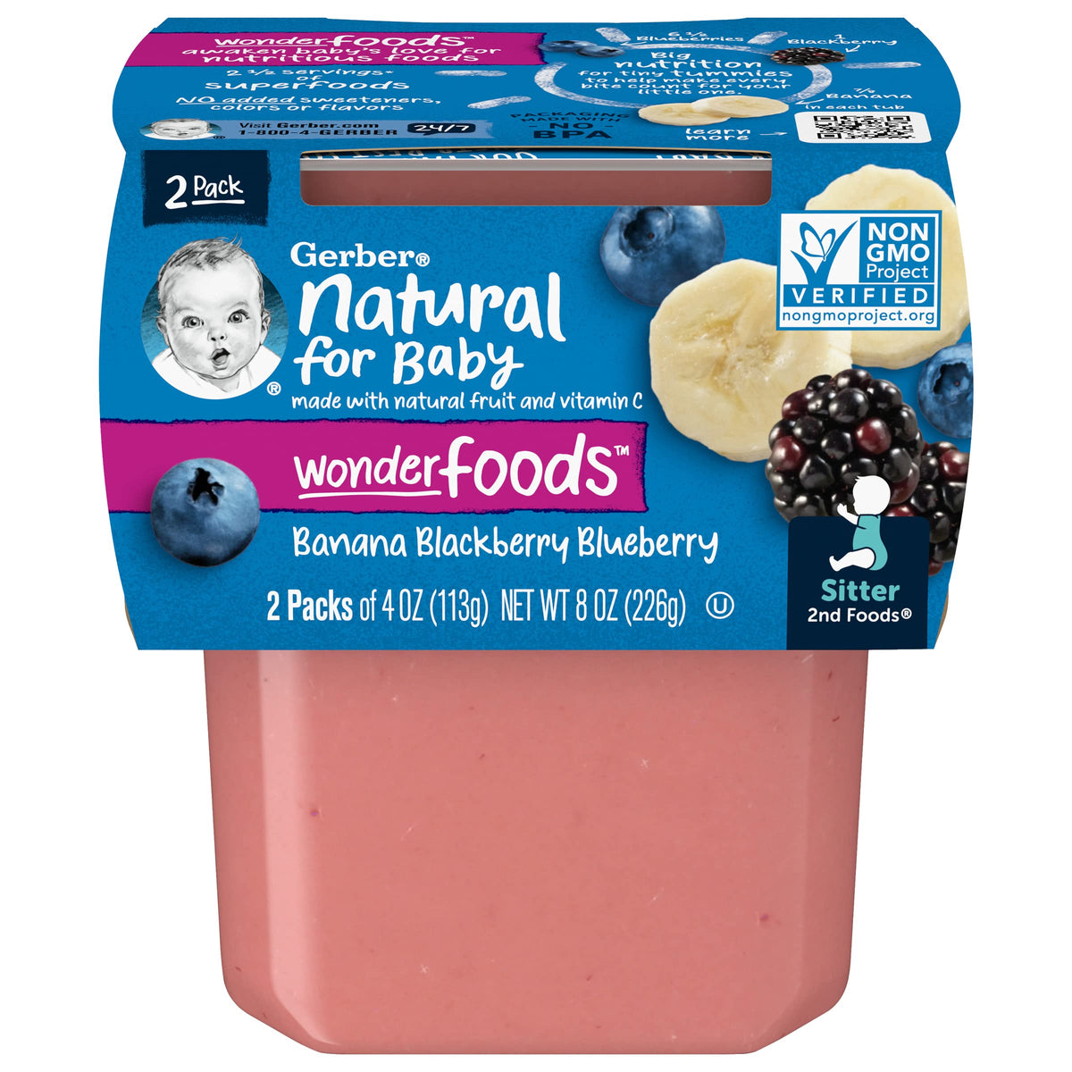 Gerber Wonder Baby Foods Banana Blackberry Blueberry, 4 Oz, 2 Ct Tubs