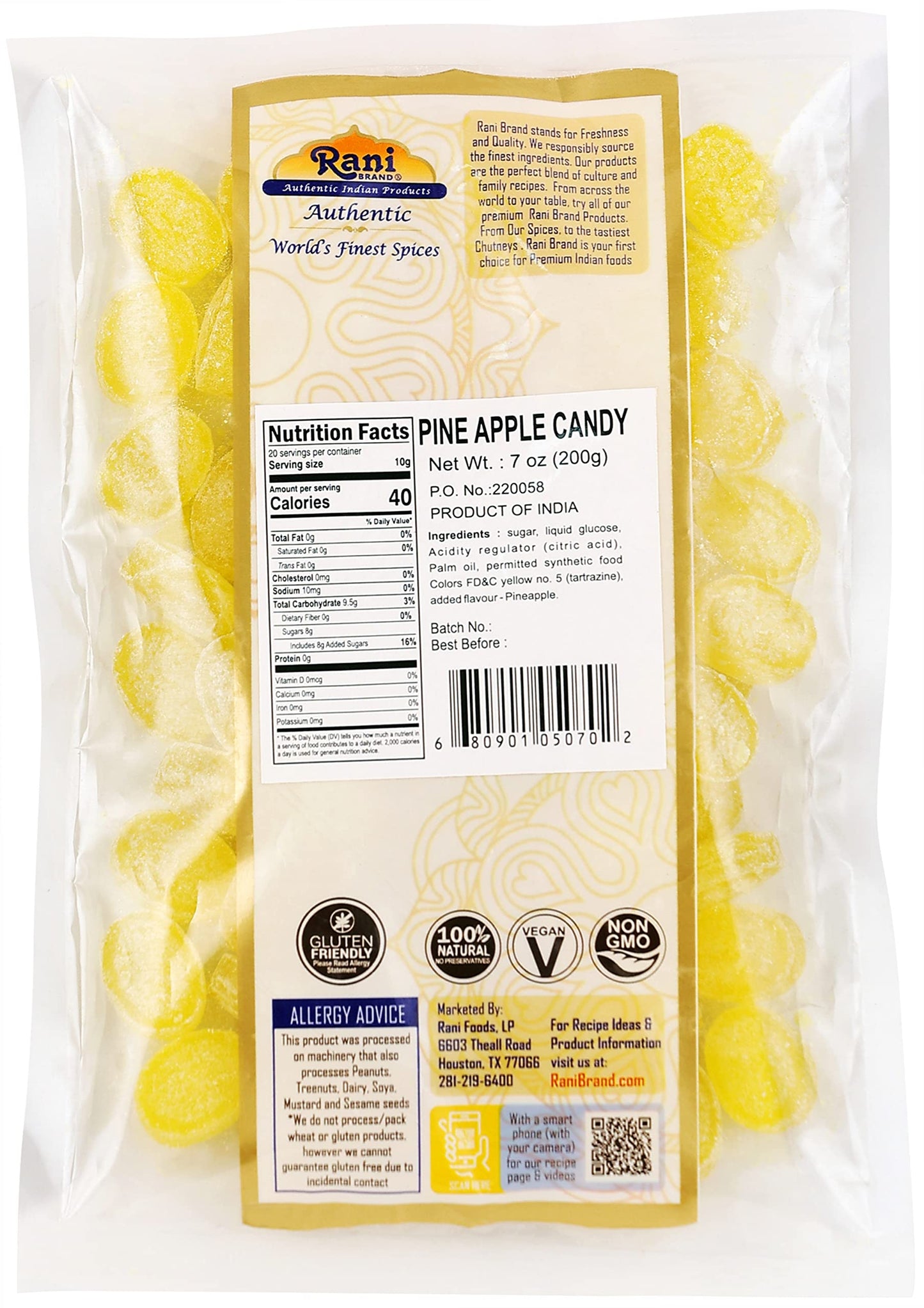 Rani Pine Apple Candy - Vegan, Gluten Friendly, NON-GMO, 7oz (200g) - Indian Origin