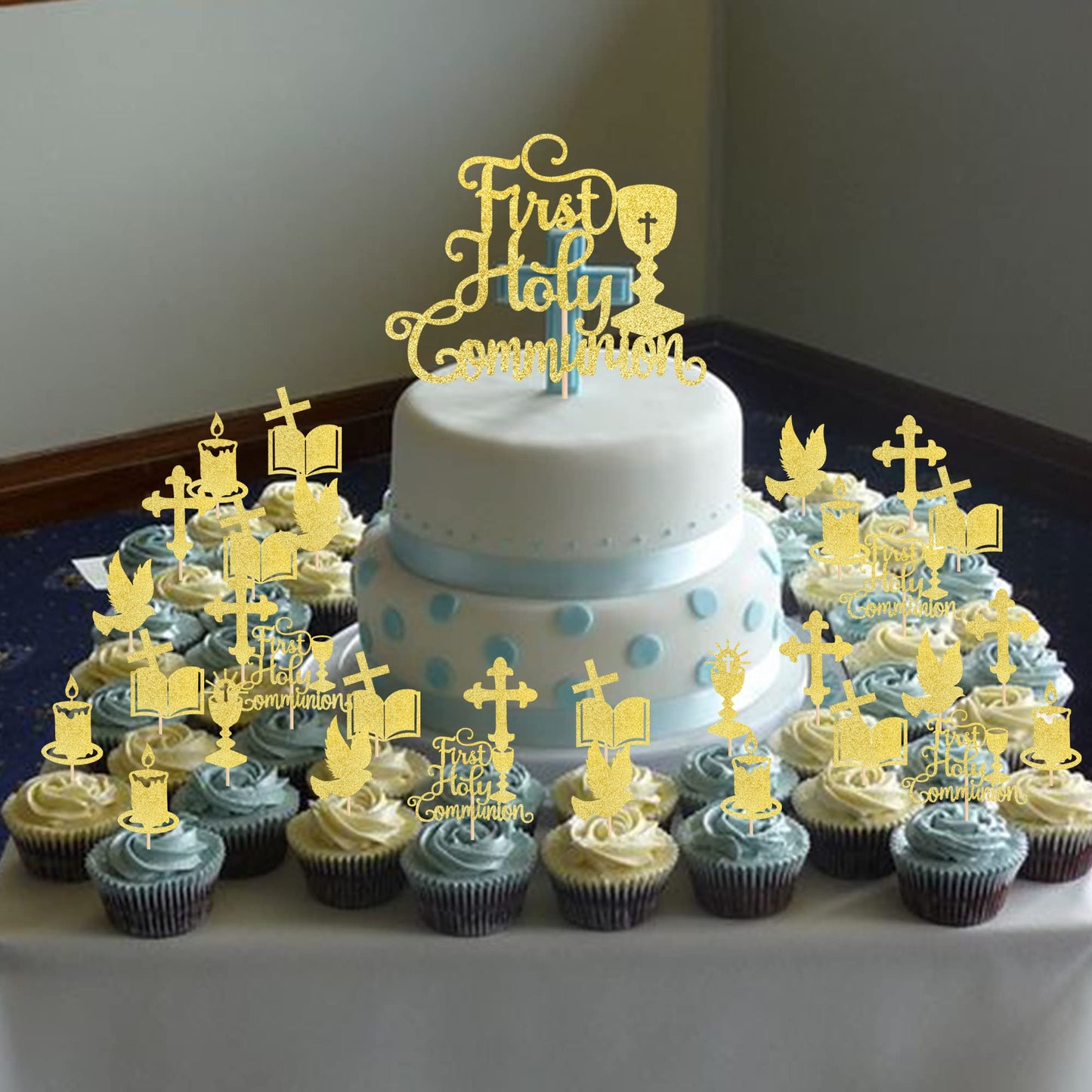ZHUOWEISM Cupcake Toppers, 25 PCS Gold Glitter First Communion Picks, Bamboo, Small, Design 6