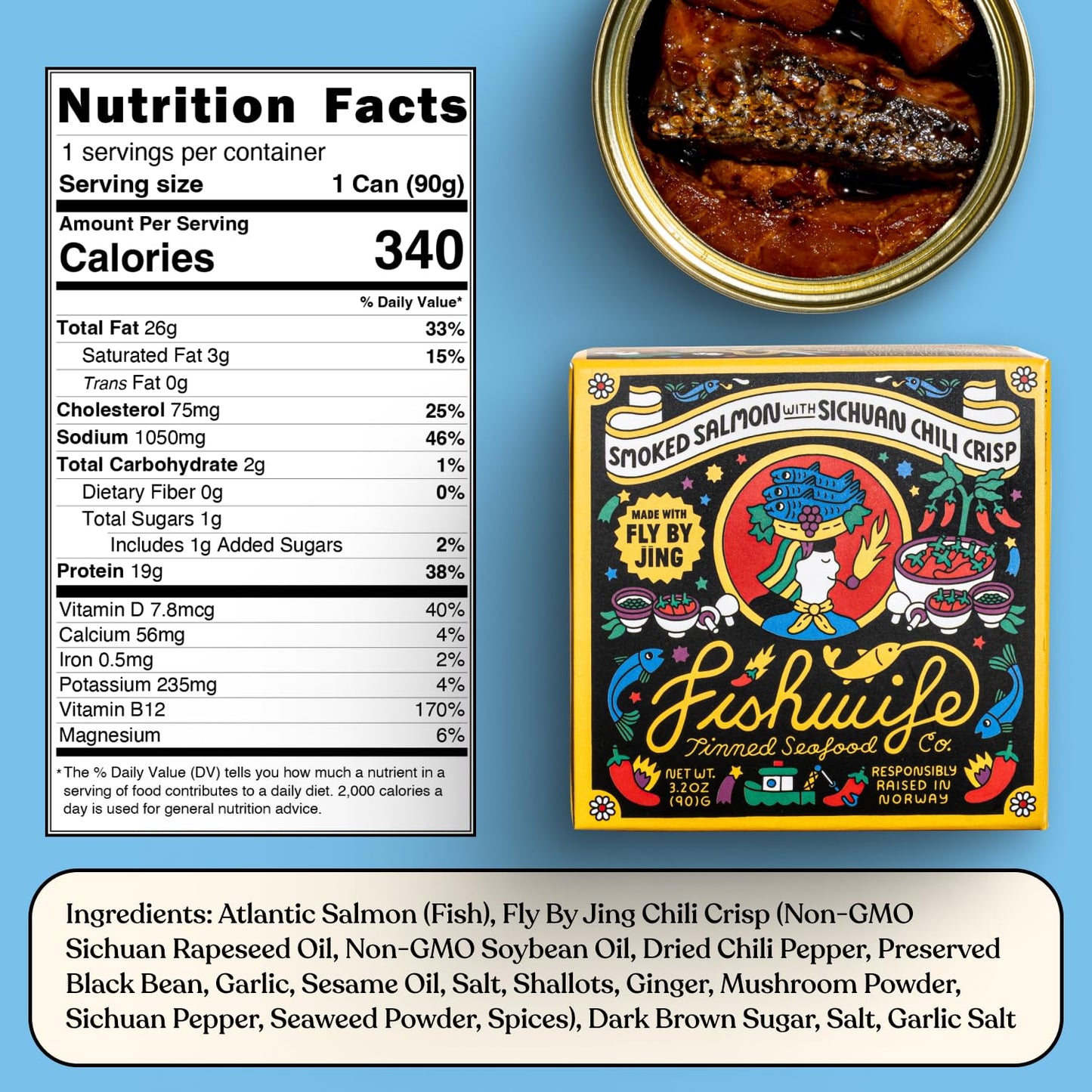 Fishwife Smoked Salmon with Fly by Jin Sichuan Chili Crisp 1-Pack (3.2 Ounce) - MSC-Certified Sustainable Seafood  High Protein  Gluten Free - Handpacked in BPA-Free Tins with Sichuan Chili Sauce