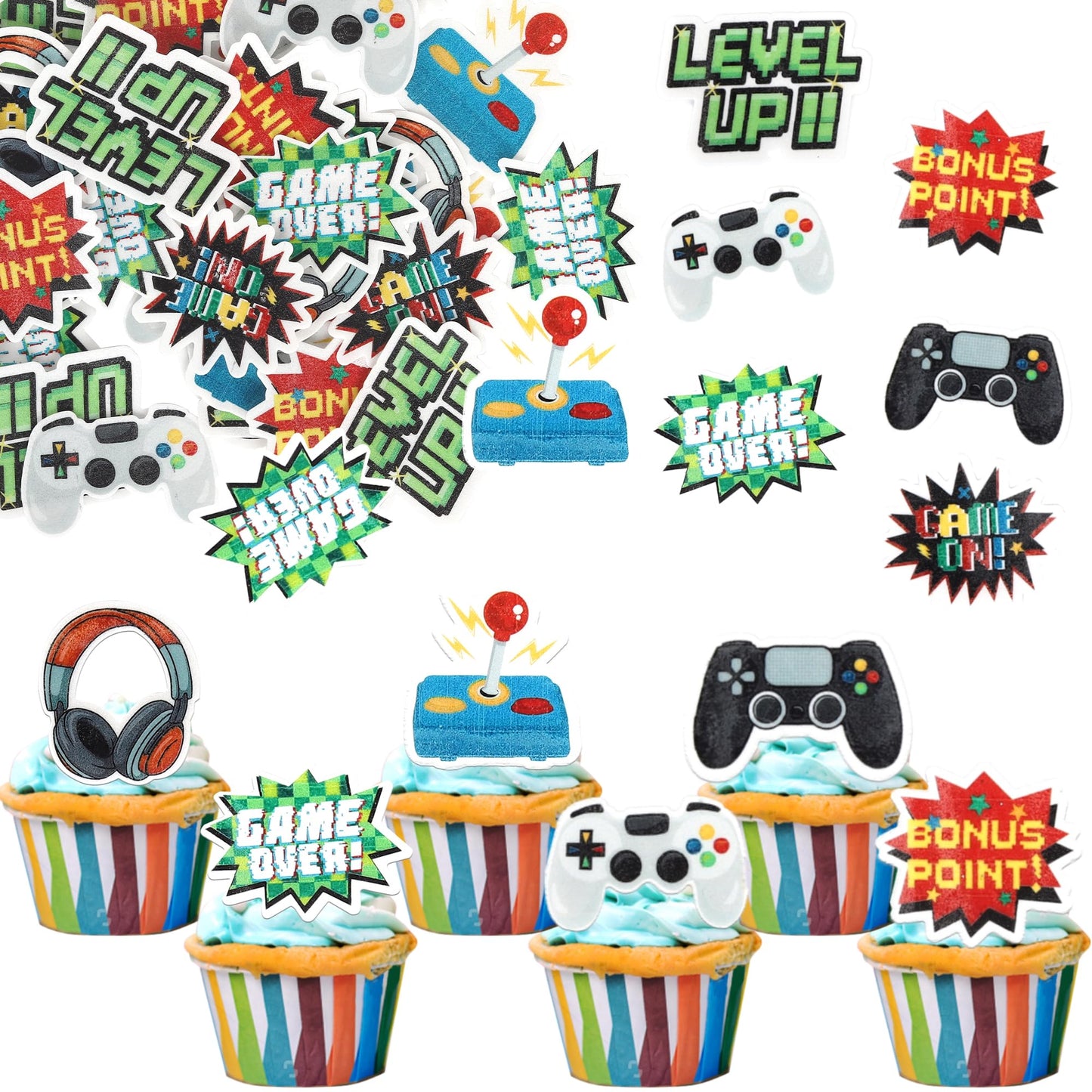 56 Pcs Edible Video Game Cupcake Toppers Wafer Paper Game On Controllers Cupcake Picks Edible Gamepad Cake Decorations For Game Theme Baby Shower Kids Boys Gamer Birthday Anniversary Party Supplies