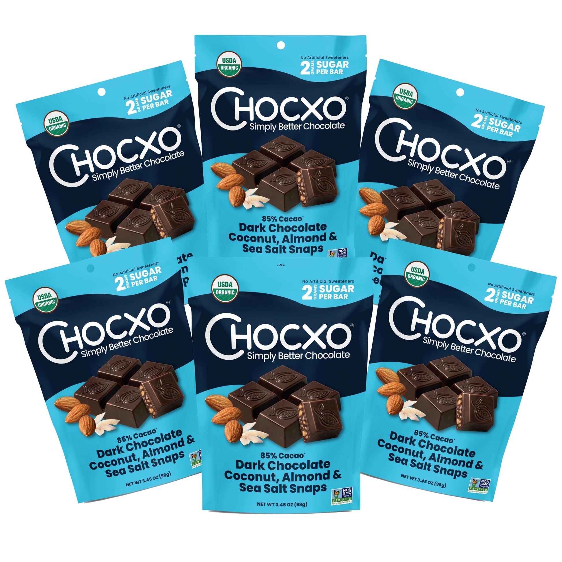 Chocxo Dark Chocolate Coconut Almond & Sea Salt Snaps - Low In Sugar, Organic 85% Cacao, Non-Gmo, Keto Certified, Gluten Free & Kosher. No Artificial Sweeteners Or Sugar  S, 3.45 Oz (Pack Of 6)