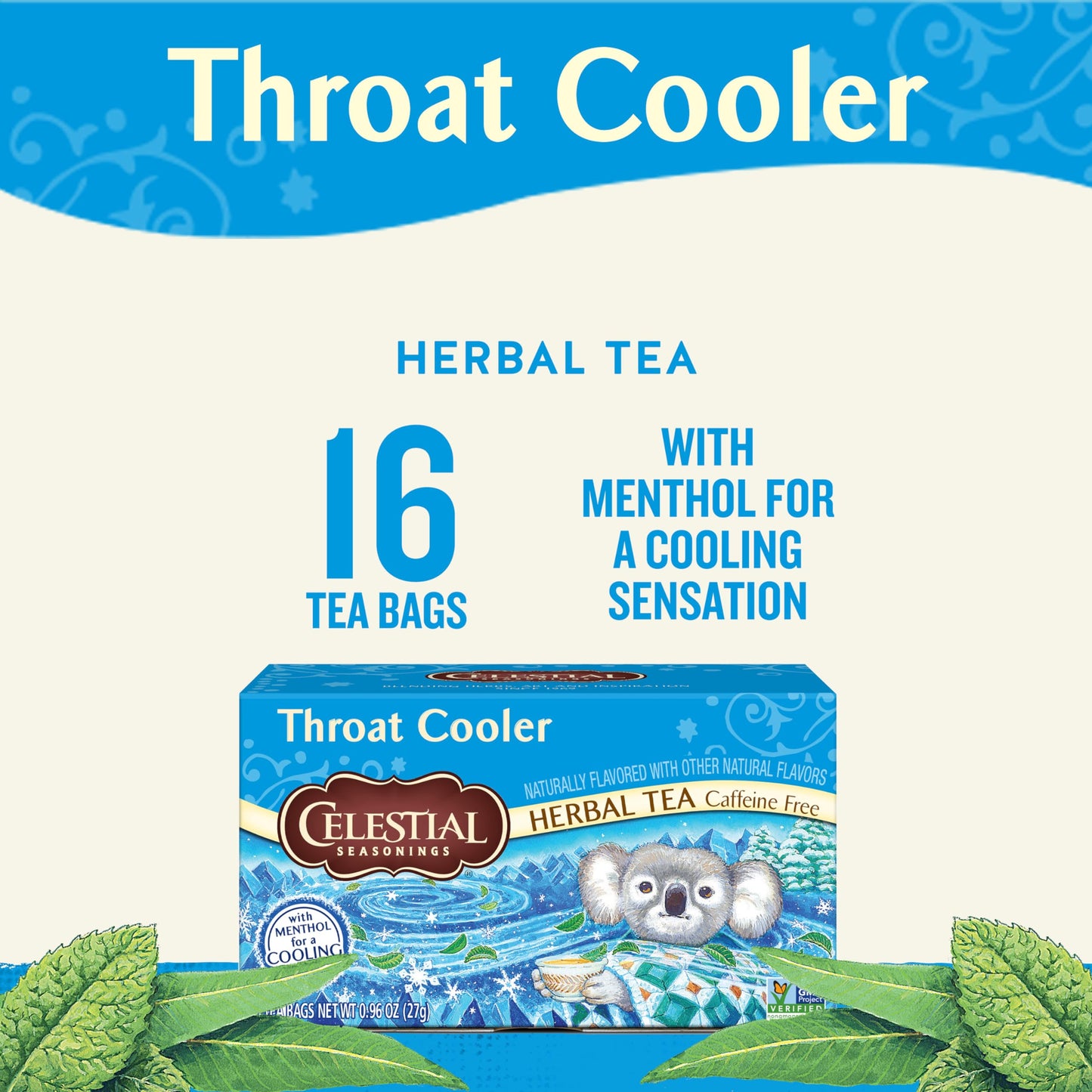 Celestial Seasonings Herbal Tea Throat Cooler, Caffeine Free, 16 Tea Bags, 16 Count
