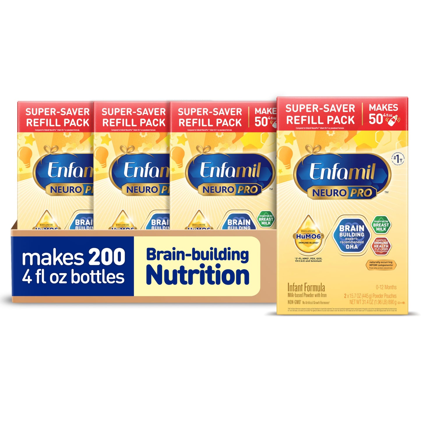 Enfamil NeuroPro Baby Formula, Infant Formula Nutrition, Triple Prebiotic Immune Blend, 2FL HMO, & Expert-Recommended Omega-3 DHA, Perfect Choice for Baby Milk, Non-GMO, Refill Box, 31.4 Ounces (Pack of 4)