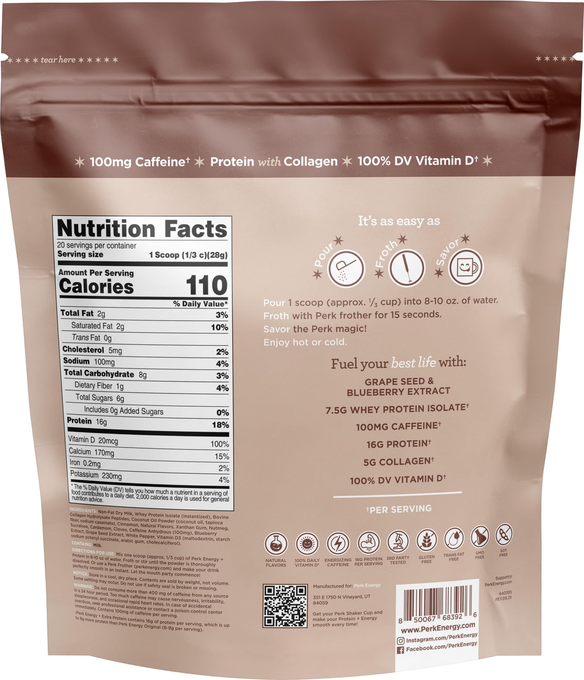 Perk Energy + Extra Protein Powder (1.3 LB) Chai Latte - Witney Carson Collaboration - 100mg of Caffeine  16g of Protein with Collagen  100% DV Vitamin D  Gluten-Free  Soy-Free  GMO-Free  20 Servings