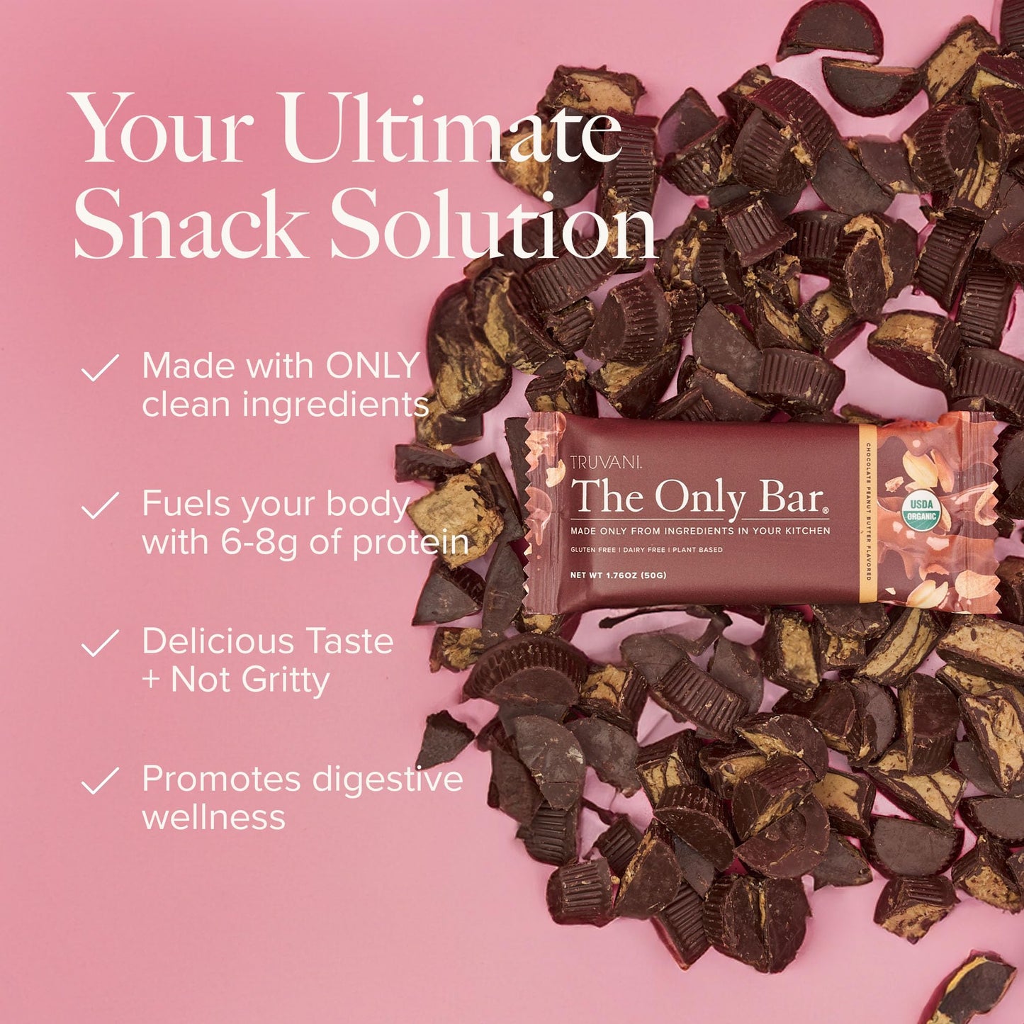 Truvani Plant Based Snack Bar | Chocolate Peanut Butter 12 Pack | 7g Protein | USDA Organic and Vegan | The Only Bar | Dairy, So