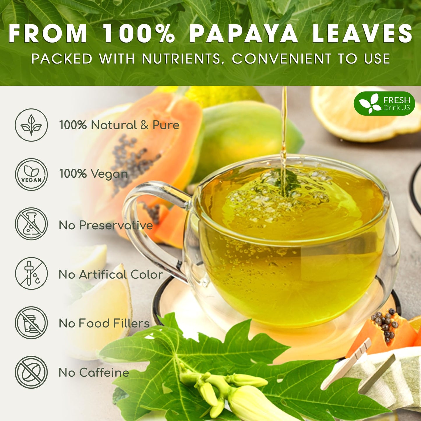 FRESHDRINKUS Papaya Leaf Tea Bags, 100% Natural Herbal Tea, 135 Bags, Vegan, No Caffeine, No Sugar, Gluten-Free