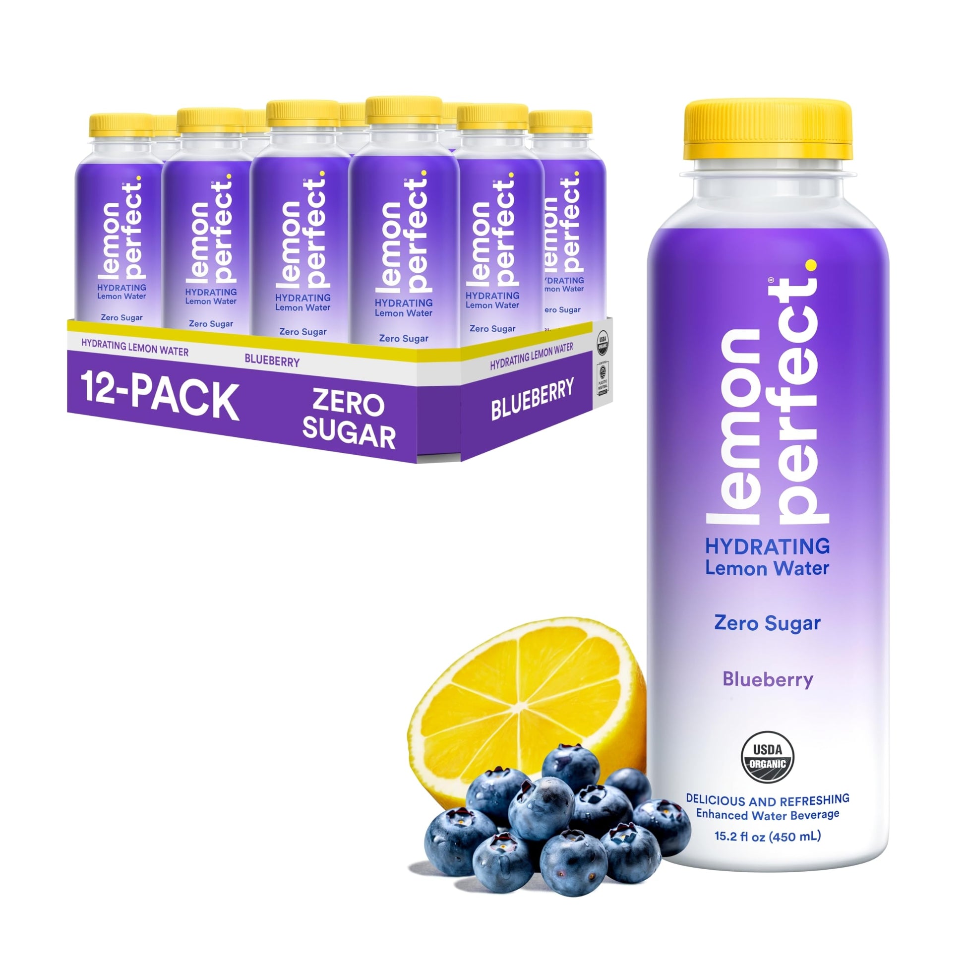 Lemon Perfect Blueberry, Hydrating Flavored Lemon Water, Zero Sugar, Delicious and Refreshing, Organic, 15.2 fl oz Bottles (12-P