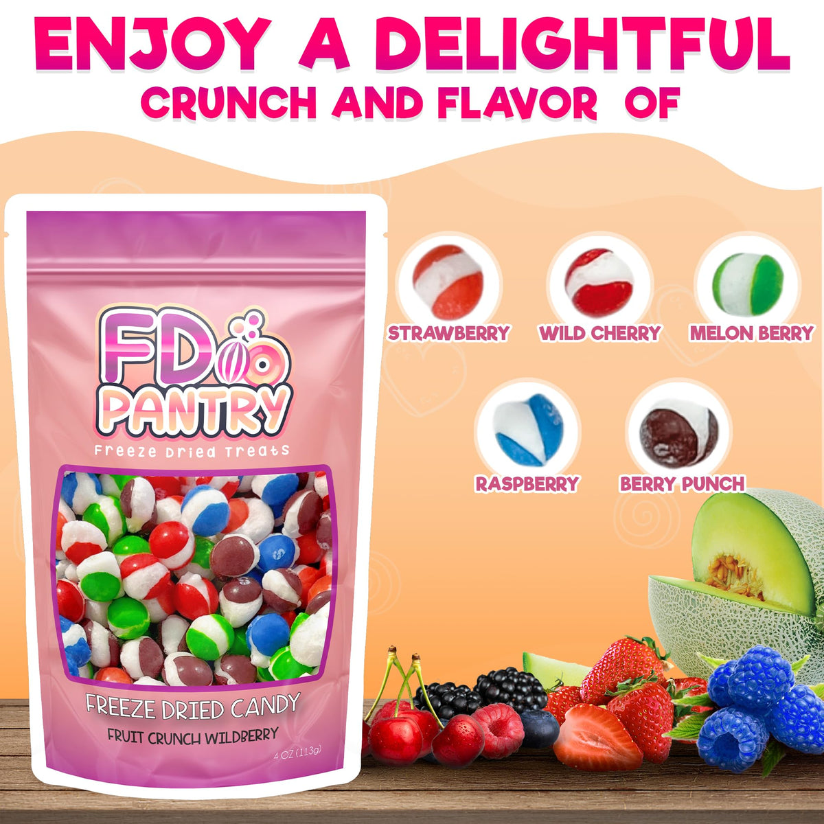 Freeze Dried Candy Fruit Crunch Wildberry, 4 oz, 2 Pack, Assorted Berry Punch, Melon, Strawberry, Cherry, Raspberry, Gift Bag