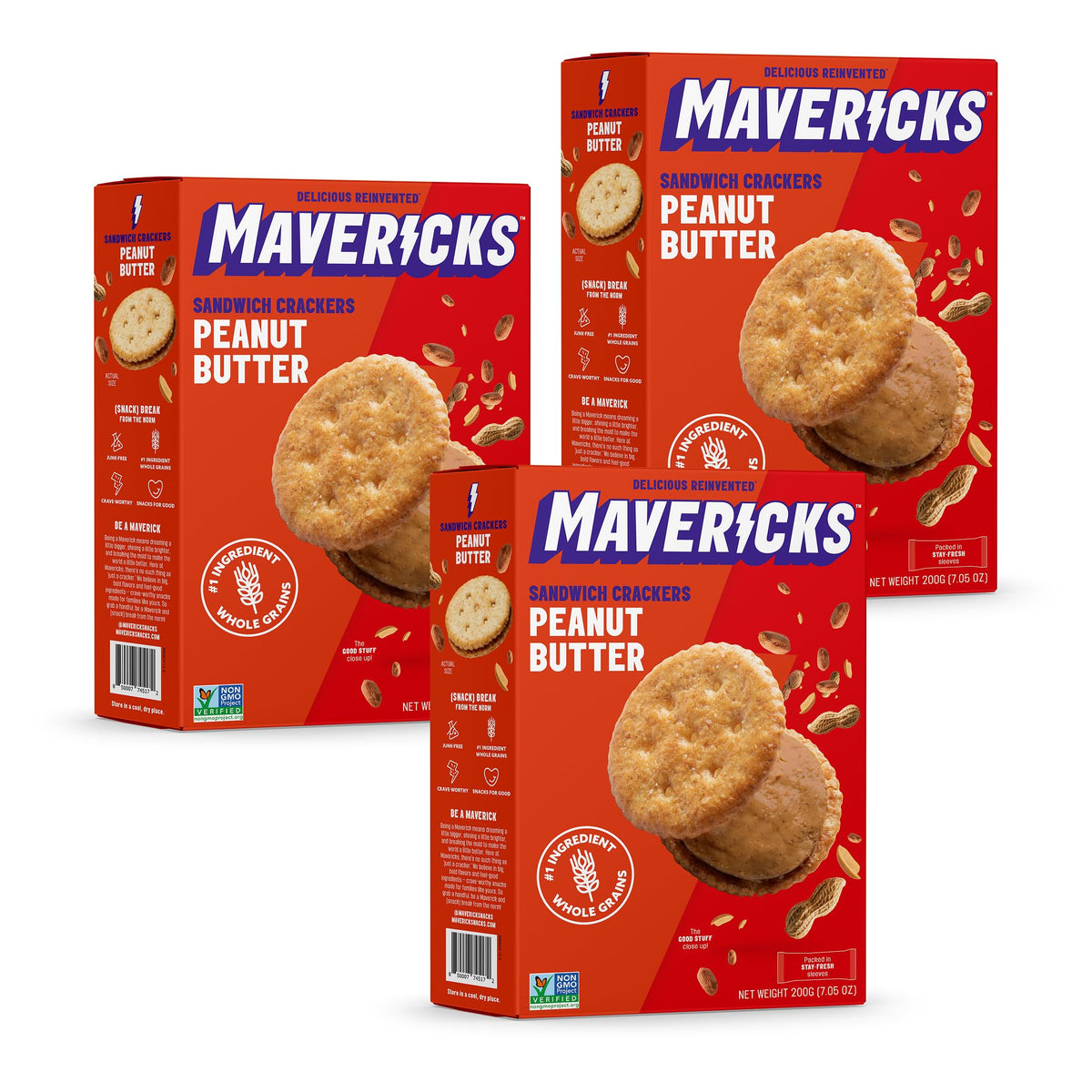 Mavericks Sandwich Crackers Peanut Butter - Plant-Based Peanut Butter Sandwich Snack Crackers, Whole Grain, Non-GMO - 7 oz Boxes